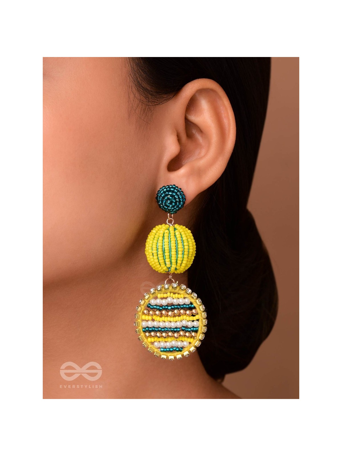 Viroka - Out & Loud - Beads Hand Embroidered Earrings (Yellow & Teal)