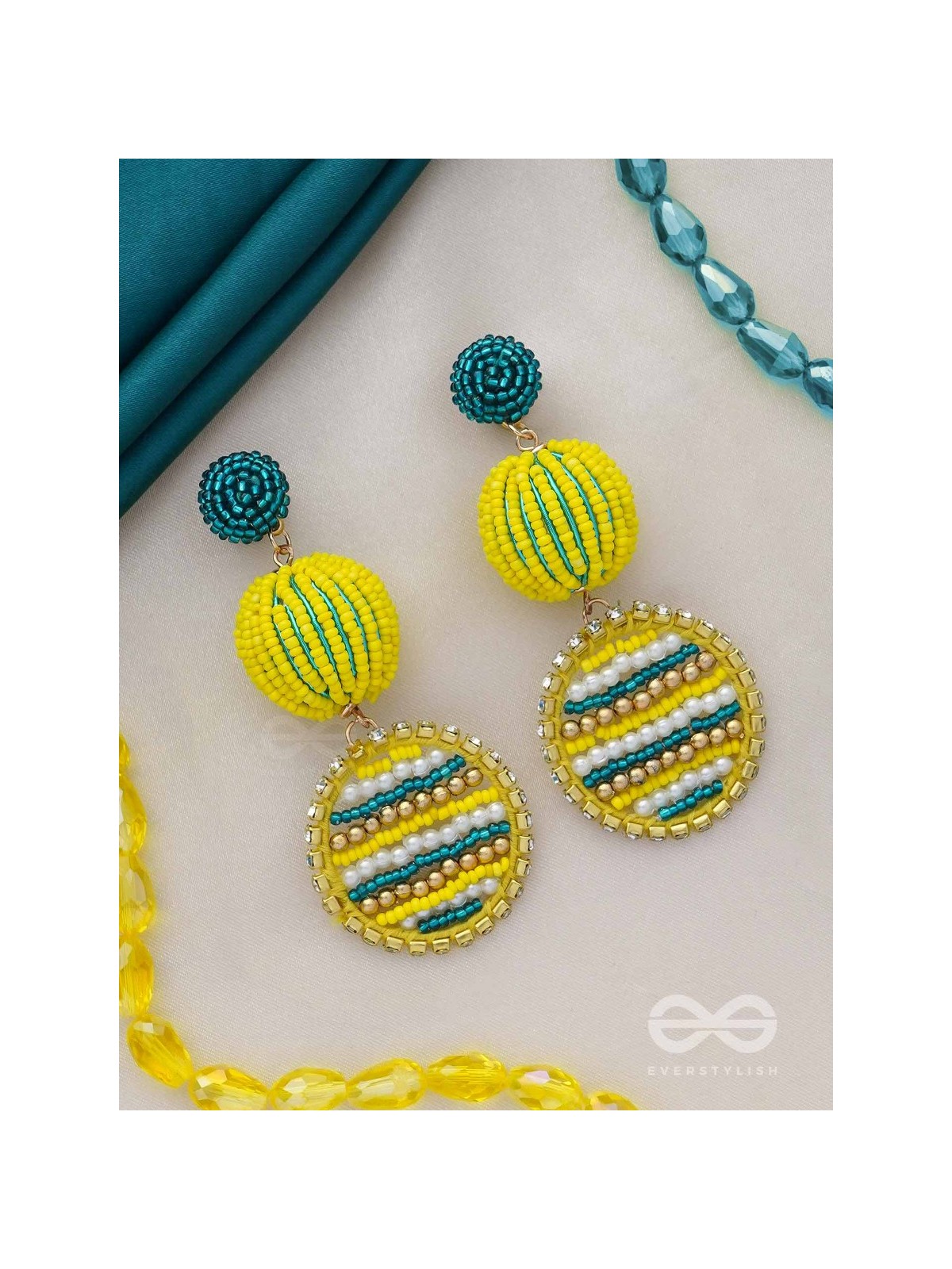 Viroka - Out & Loud - Beads Hand Embroidered Earrings (Yellow & Teal)