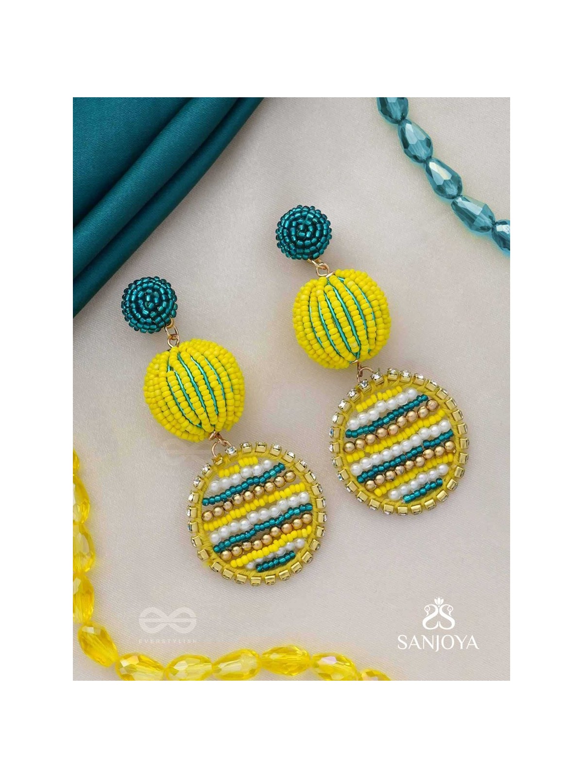 Viroka - Out & Loud - Beads Hand Embroidered Earrings (Yellow & Teal)