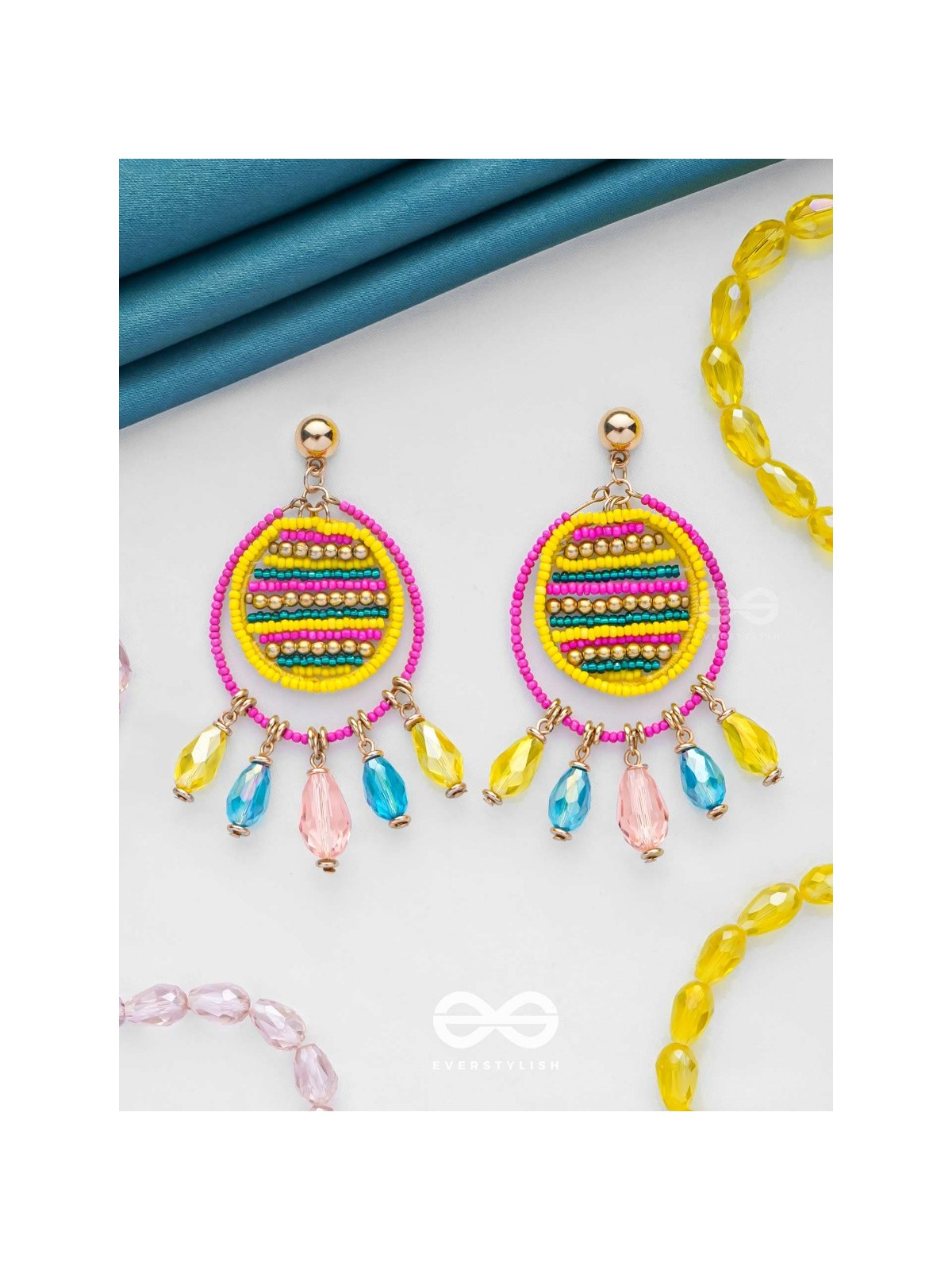 Satovira - Defiant Dynamo - Beads And Glass Drops Hand Embroidered Earrings