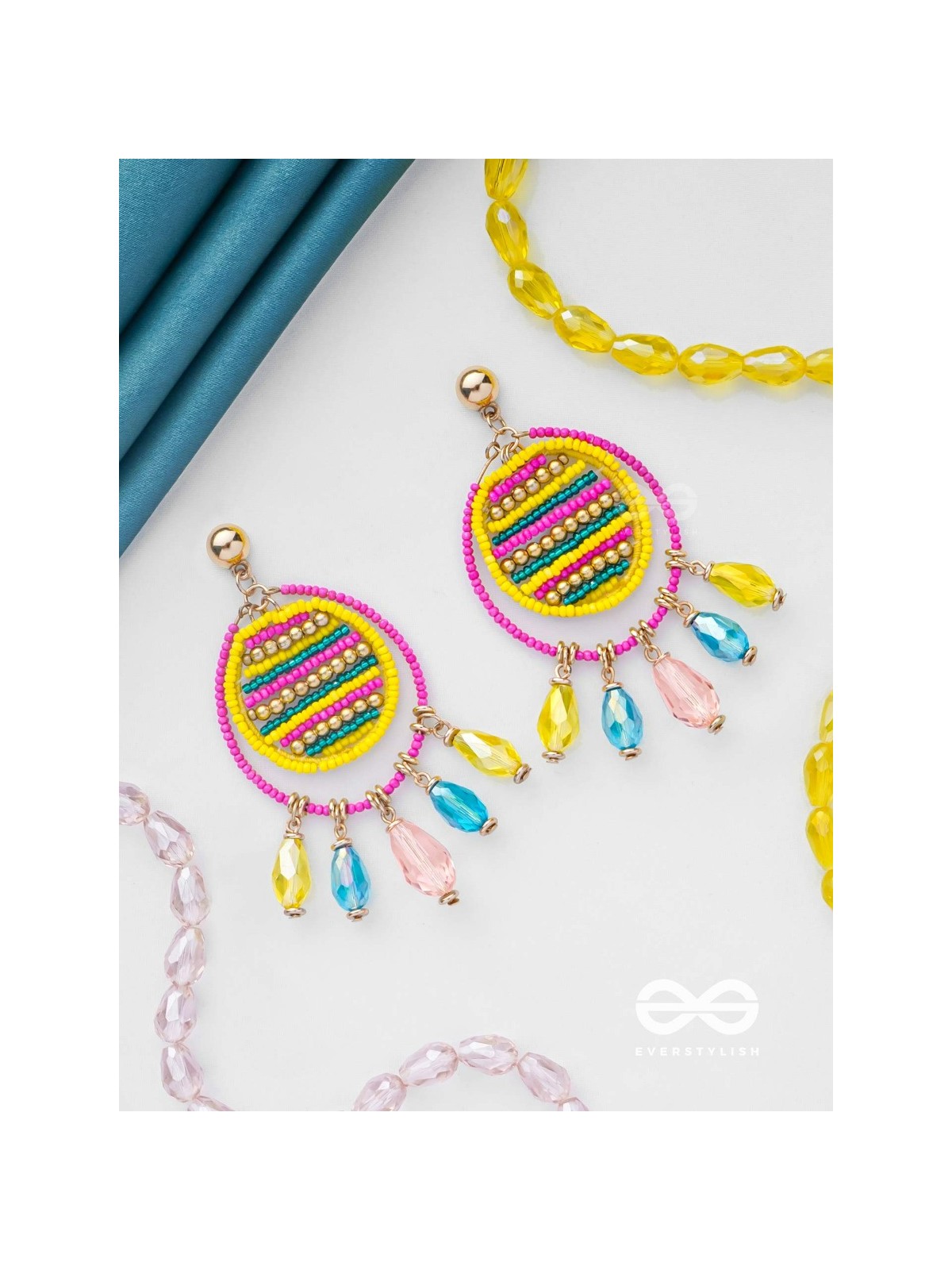 Satovira - Defiant Dynamo - Beads And Glass Drops Hand Embroidered Earrings