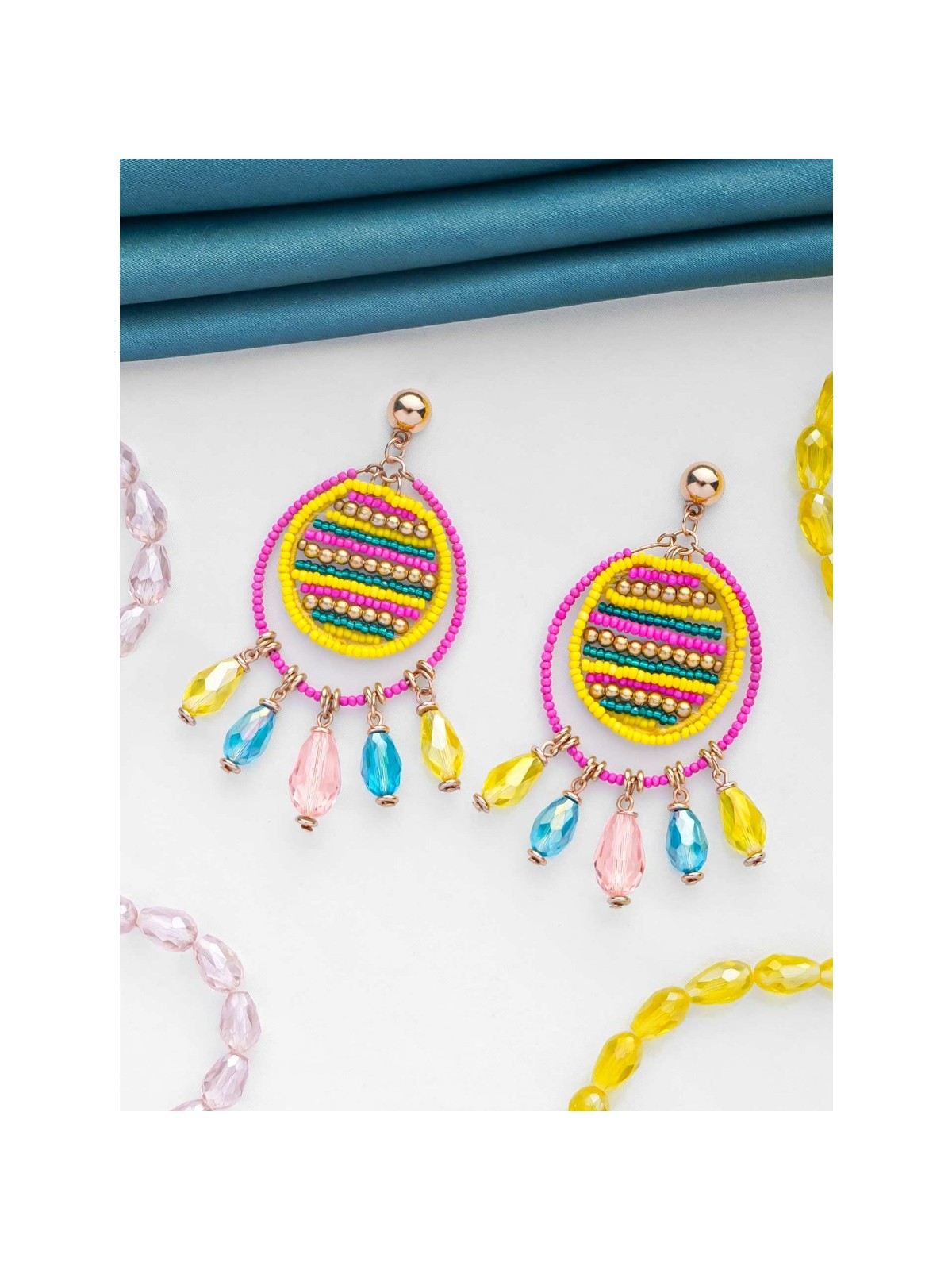 Satovira - Defiant Dynamo - Beads And Glass Drops Hand Embroidered Earrings