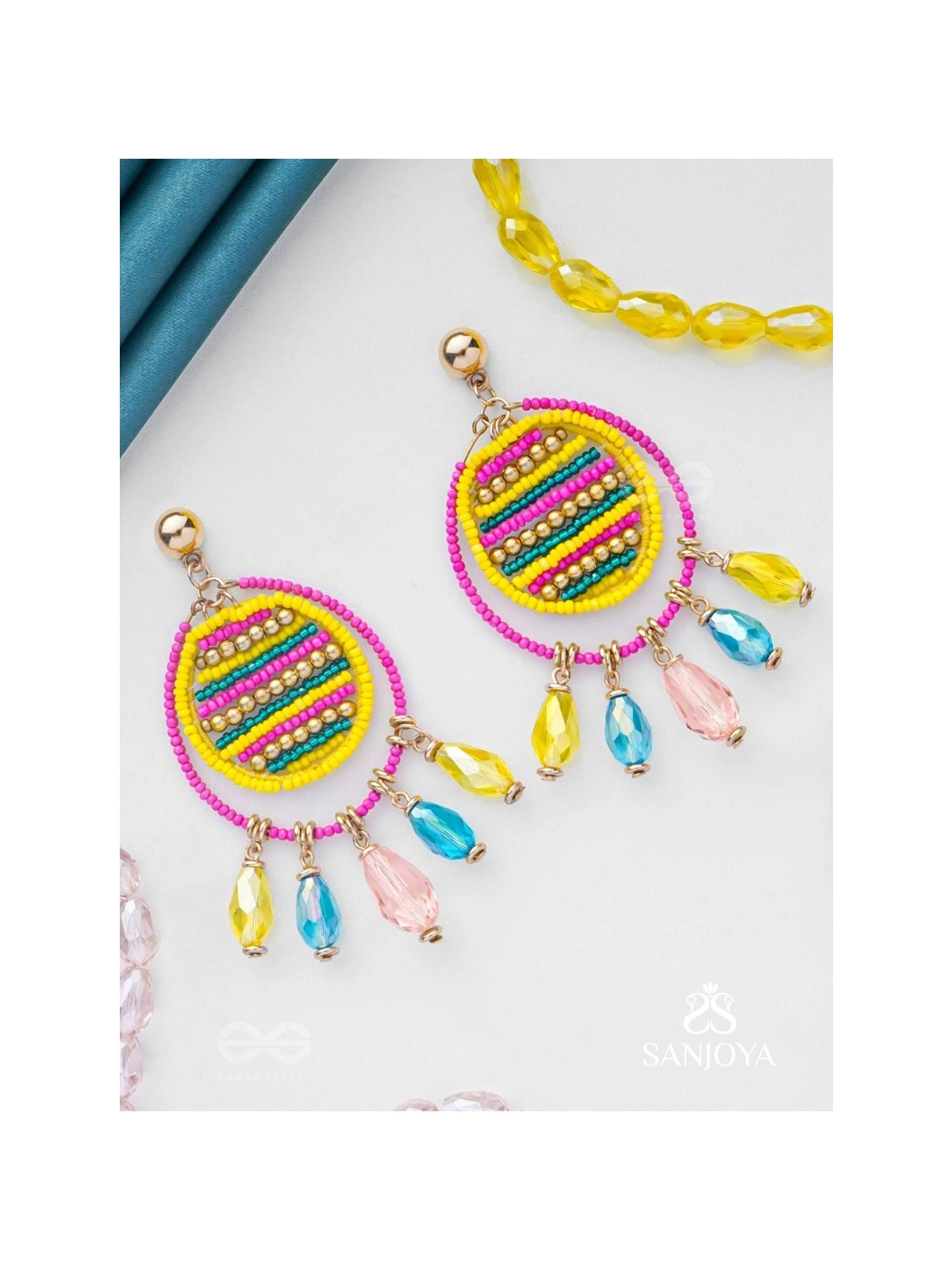 Satovira - Defiant Dynamo - Beads And Glass Drops Hand Embroidered Earrings