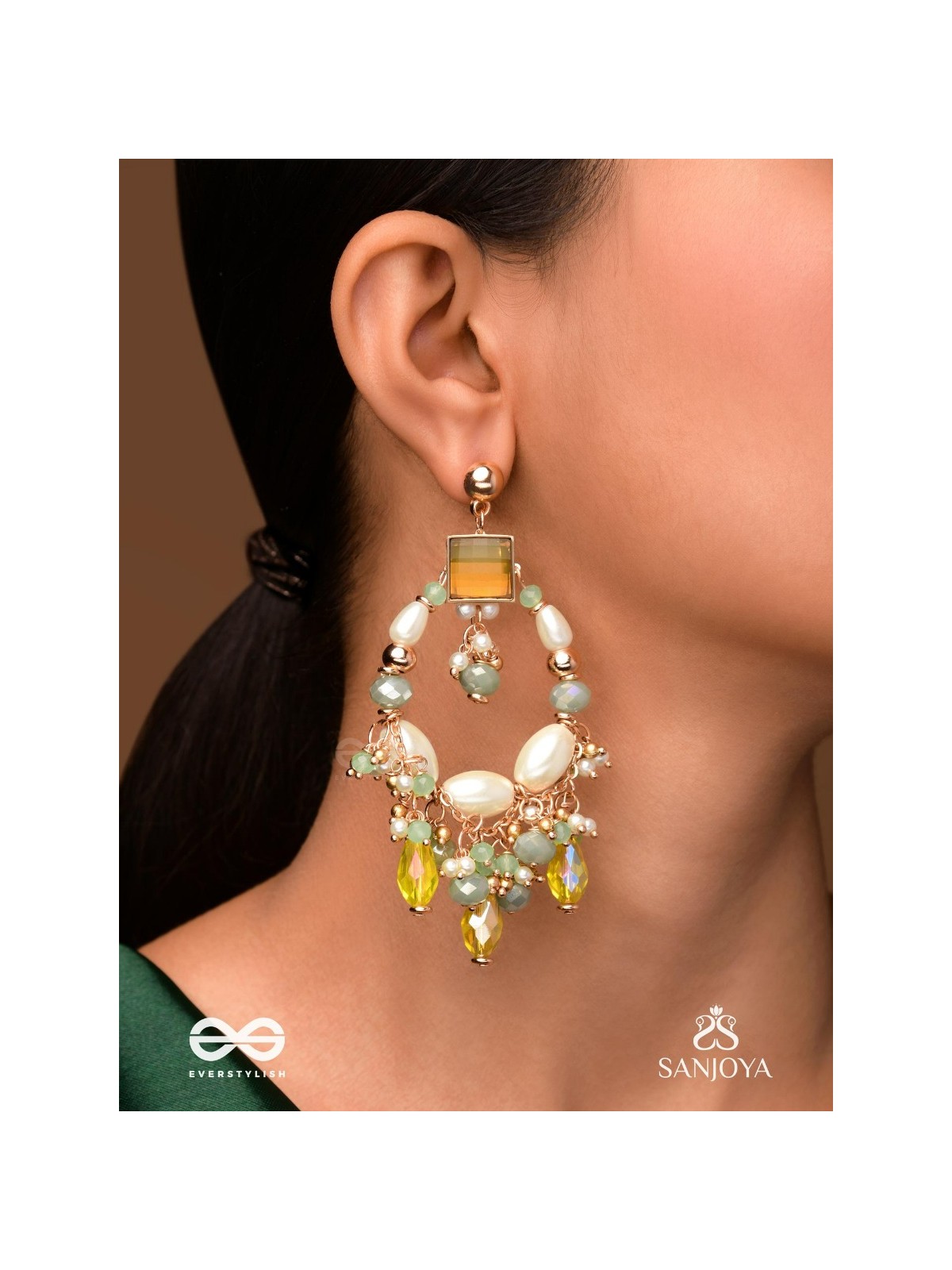 Vibhaati - The Minty Sparklers - Statement Gold And Green Embellished Earrings