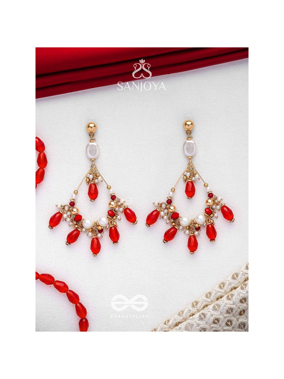 Ratulya - The Red Romance - Golden Embellished Statement Earrings