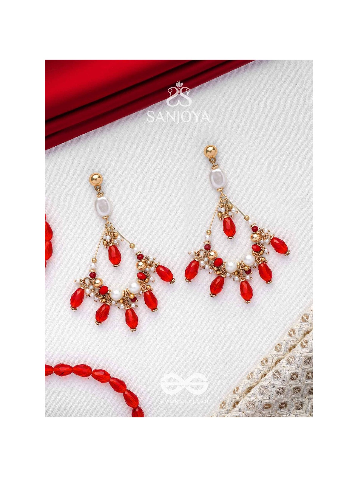 Ratulya - The Red Romance - Golden Embellished Statement Earrings