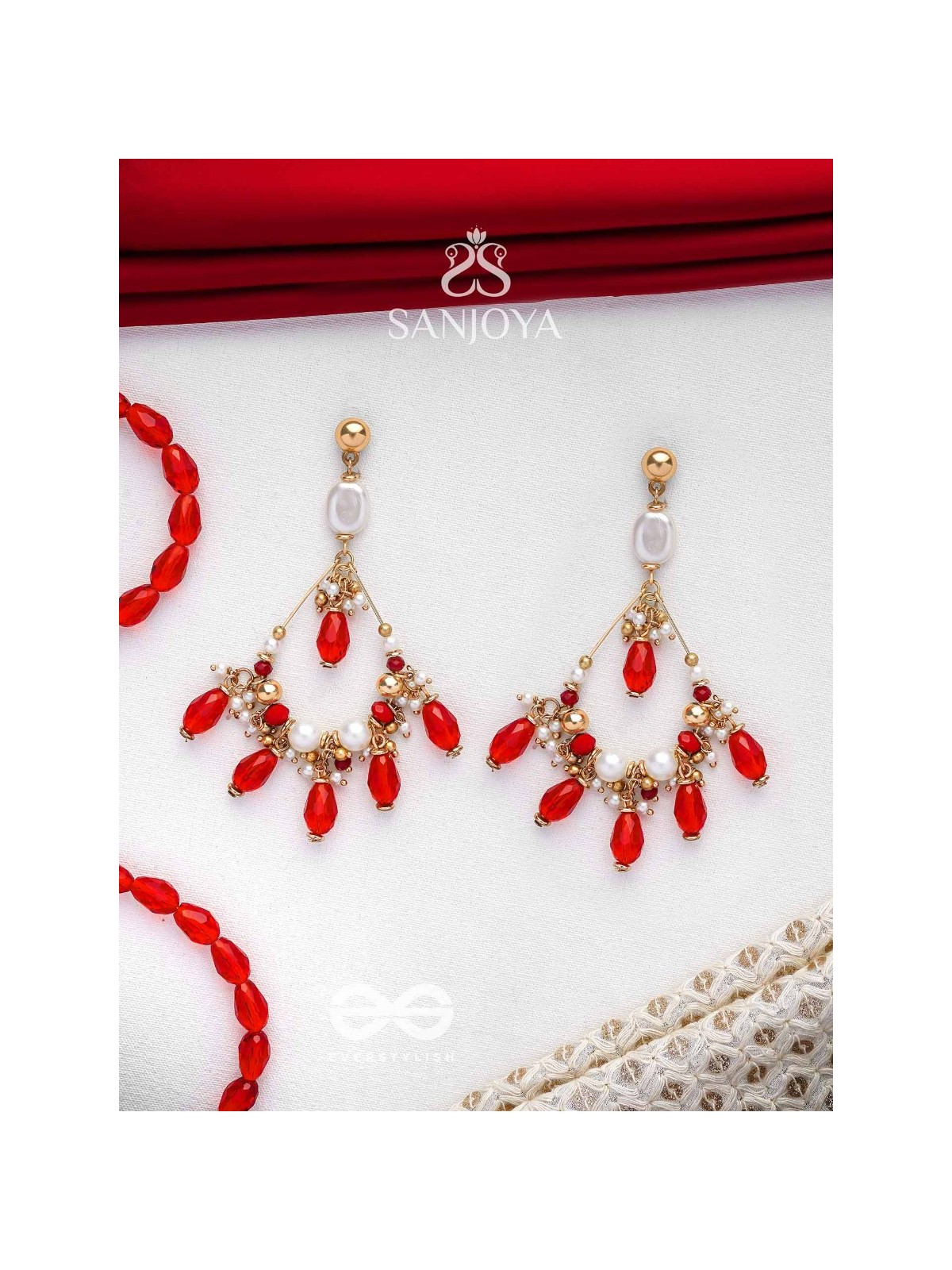 Ratulya - The Red Romance - Golden Embellished Statement Earrings