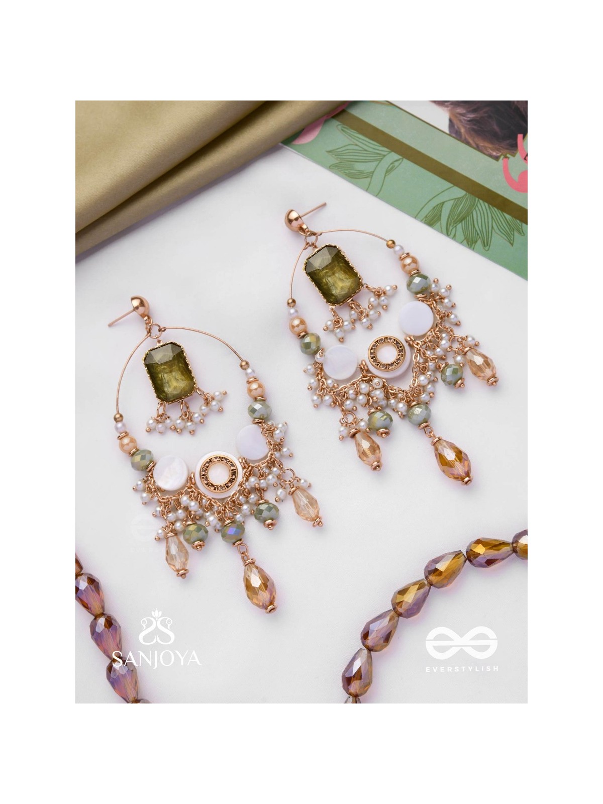 Navodha - The Wedded Dazzle - Statement Golden And Green Embellished Earrings