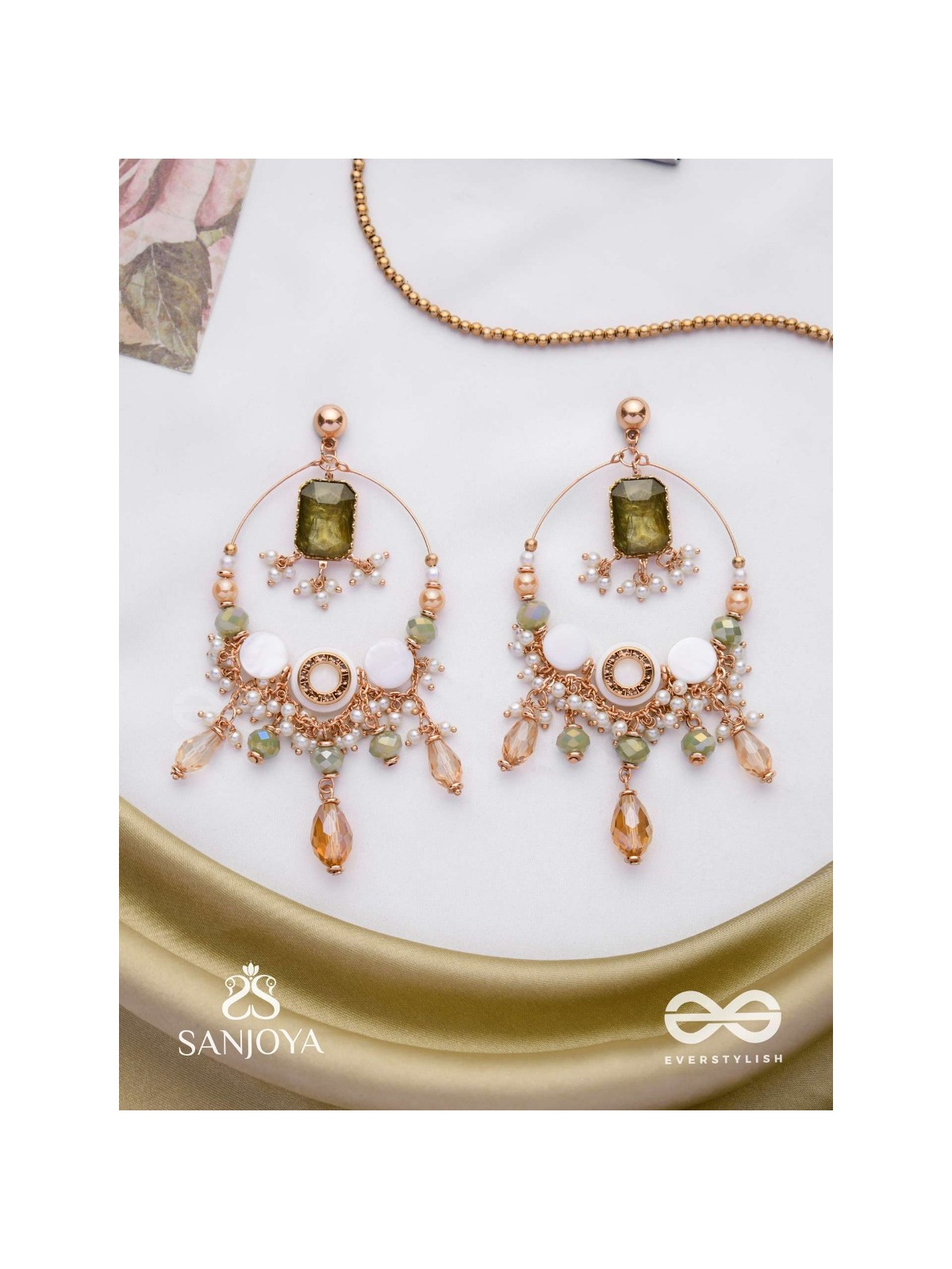 Navodha - The Wedded Dazzle - Statement Golden And Green Embellished Earrings