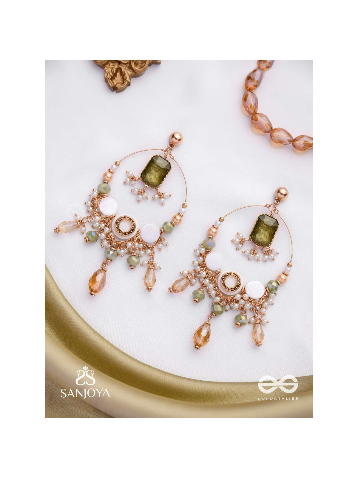 Navodha - The Wedded Dazzle - Statement Golden And Green Embellished Earrings