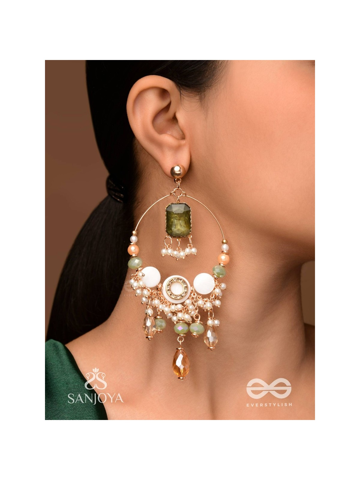 Navodha - The Wedded Dazzle - Statement Golden And Green Embellished Earrings