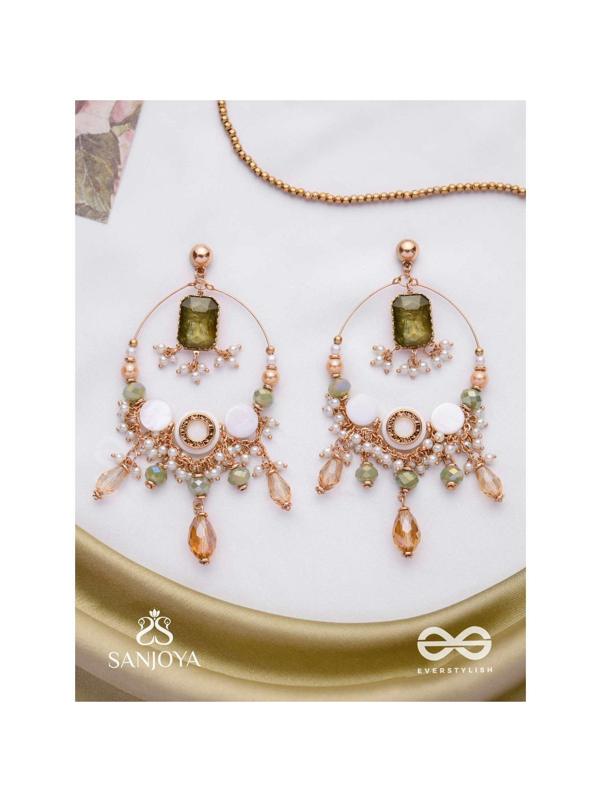 Navodha - The Wedded Dazzle - Statement Golden And Green Embellished Earrings