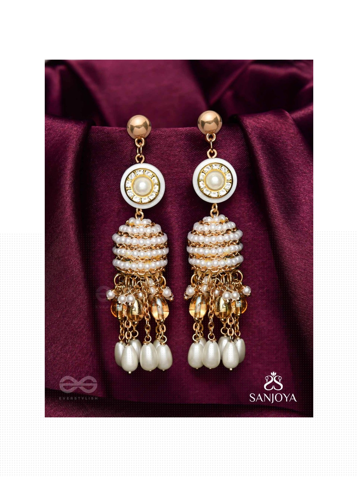 Aindava - The Moonlit Orbits - Stones, Beads And Pearl Drops Hand Embroidered Earrings