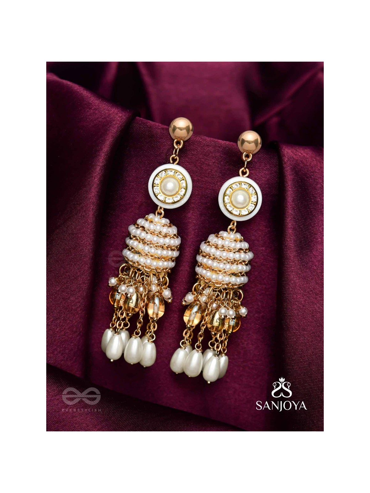 Aindava - The Moonlit Orbits - Stones, Beads And Pearl Drops Hand Embroidered Earrings