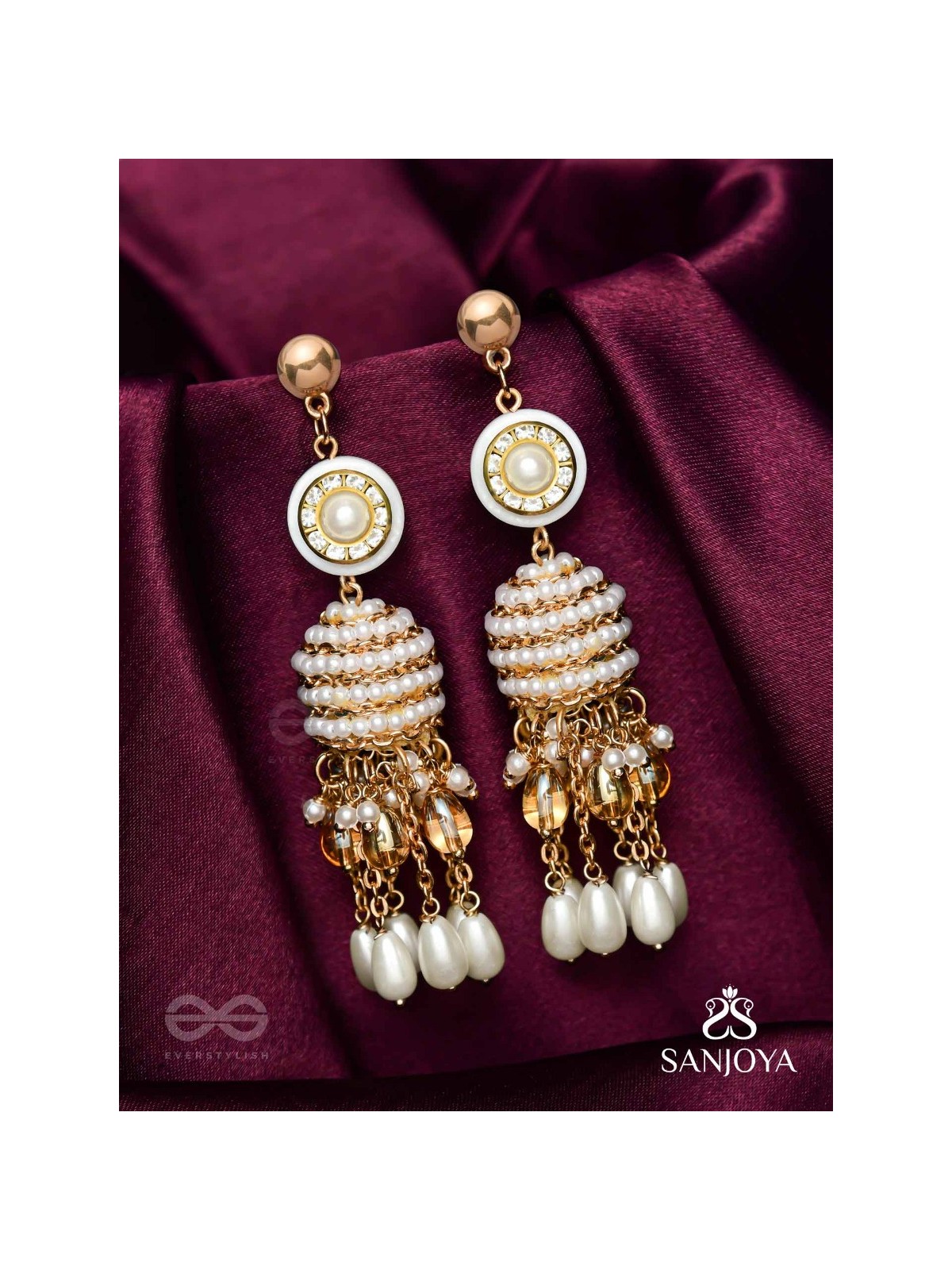 Aindava - The Moonlit Orbits - Stones, Beads And Pearl Drops Hand Embroidered Earrings