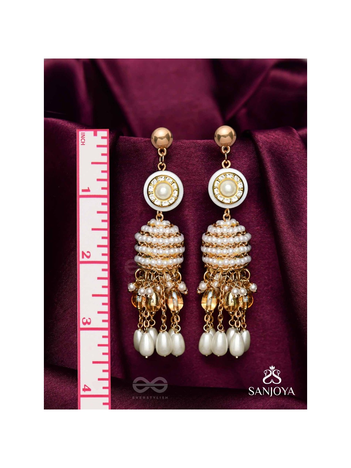Aindava - The Moonlit Orbits - Stones, Beads And Pearl Drops Hand Embroidered Earrings