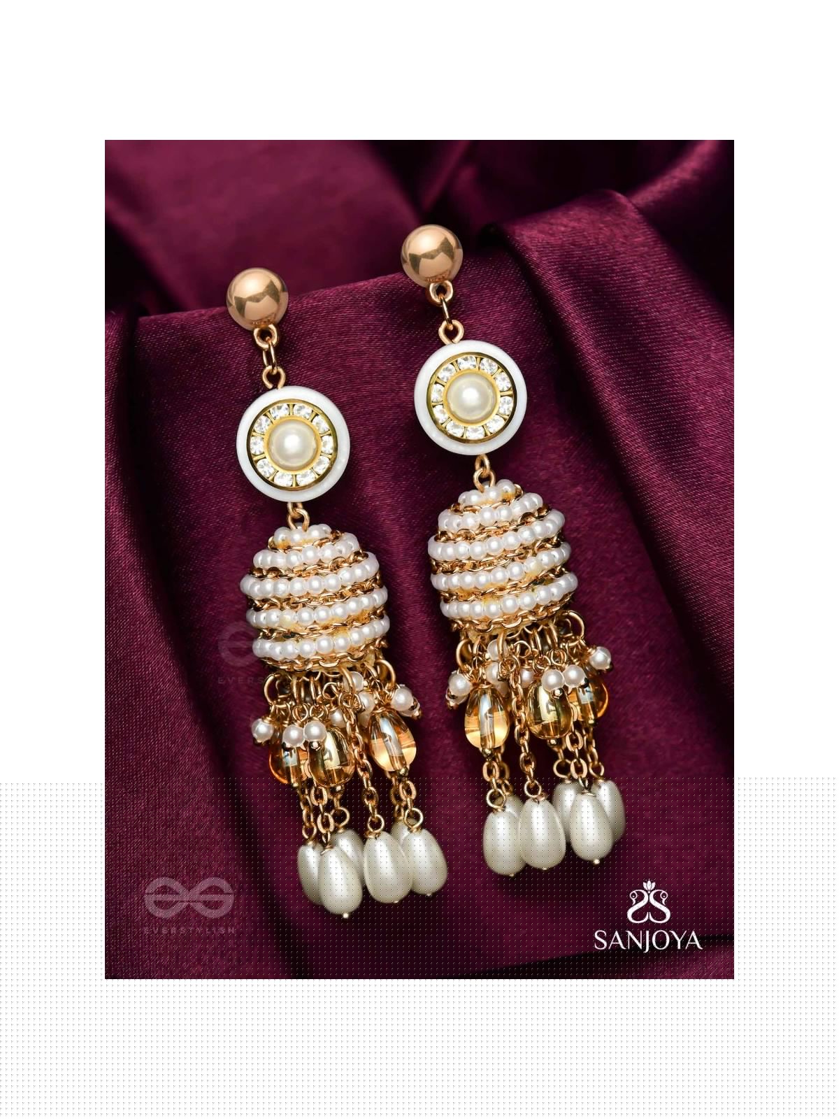 Aindava - The Moonlit Orbits - Stones, Beads And Pearl Drops Hand Embroidered Earrings