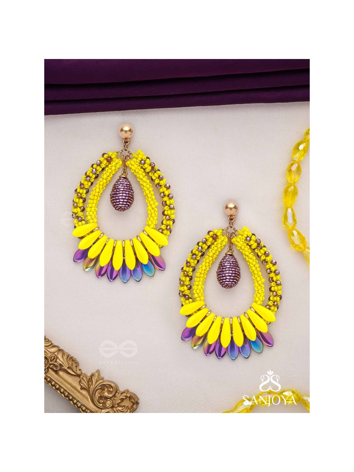 Atidah - Blazing Fierce - Beads And Cutdana Hand Embroidered Earrings (Yellow & Purple)