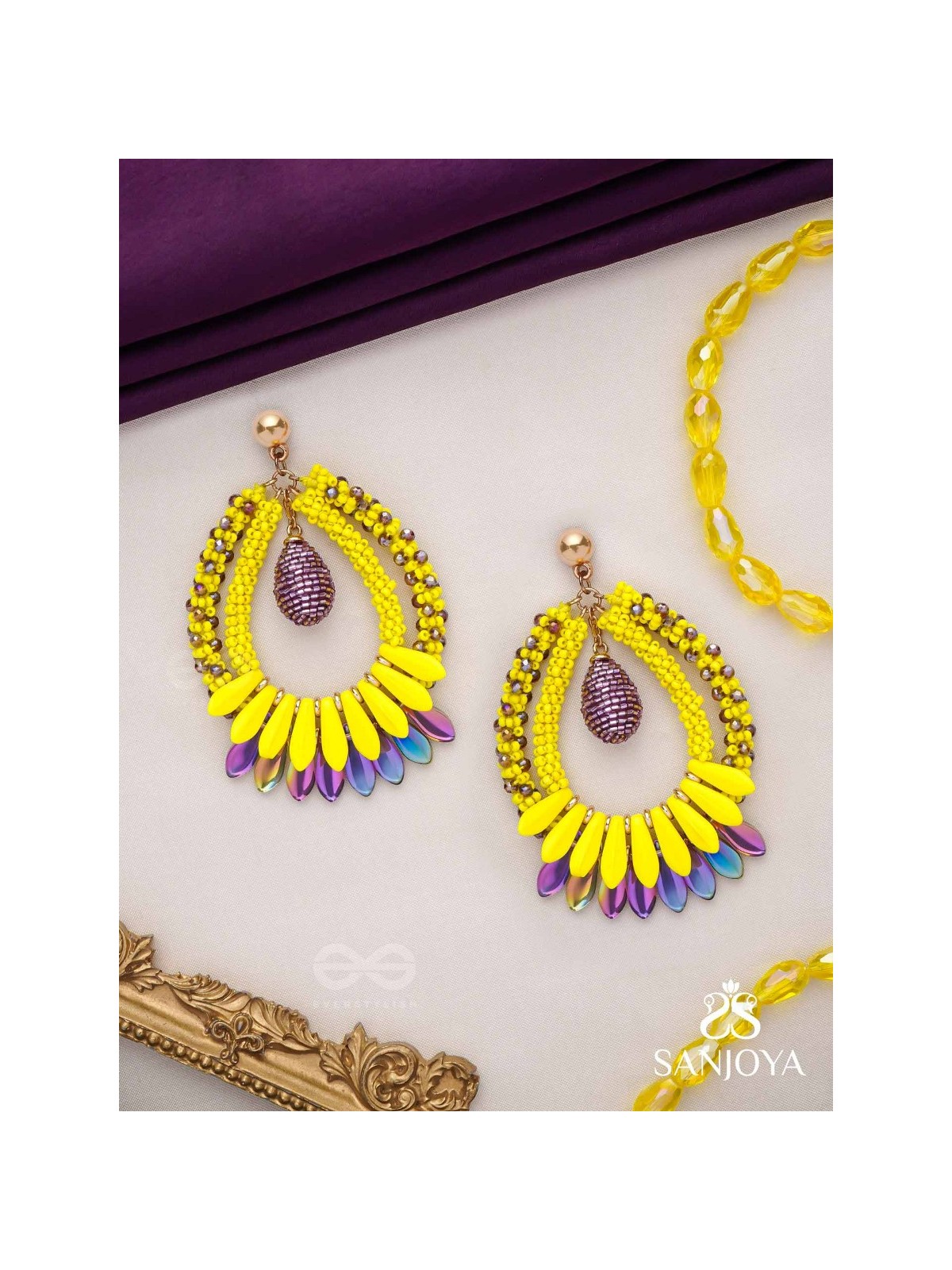 Atidah - Blazing Fierce - Beads And Cutdana Hand Embroidered Earrings (Yellow & Purple)
