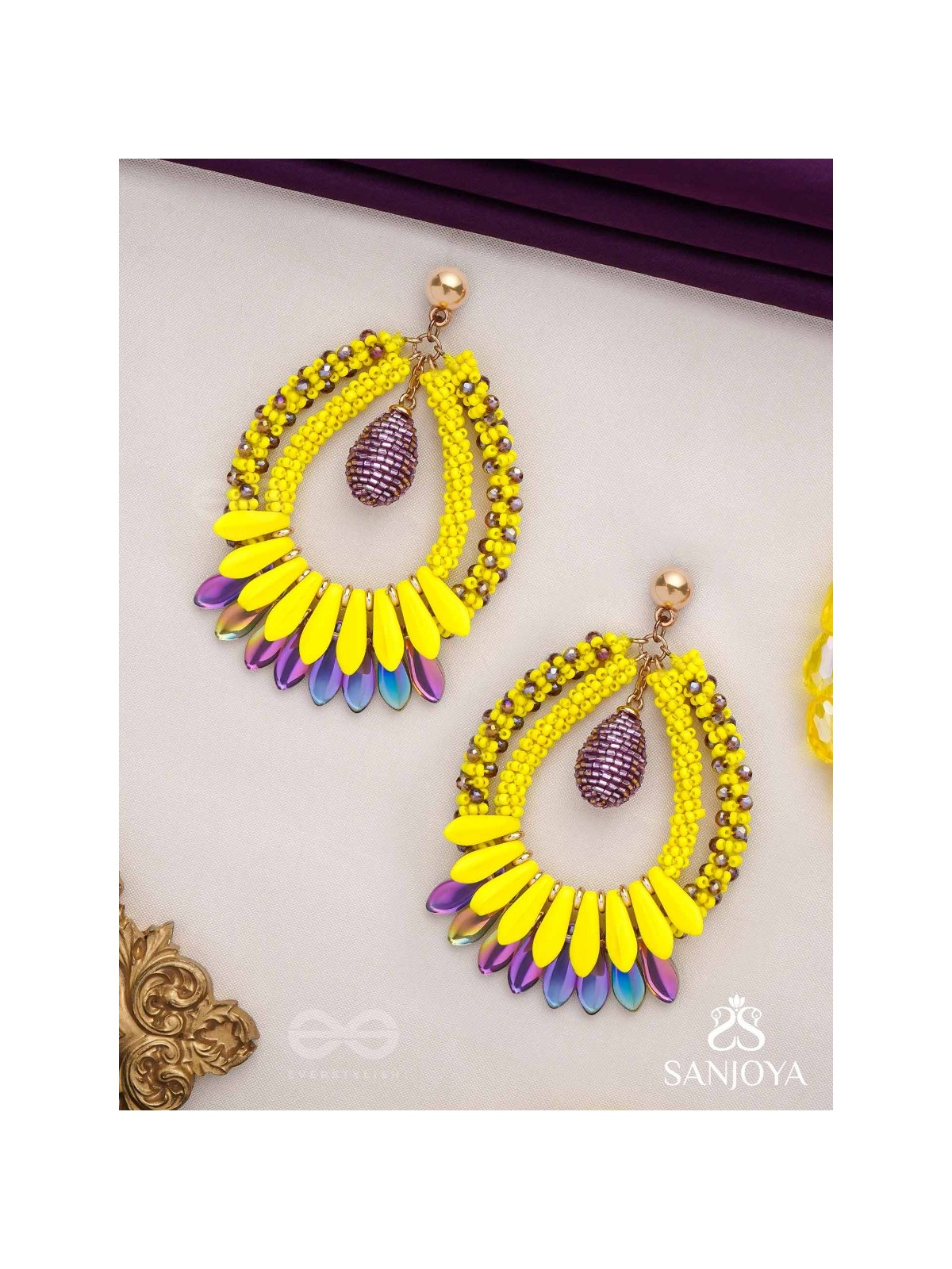 Atidah - Blazing Fierce - Beads And Cutdana Hand Embroidered Earrings (Yellow & Purple)