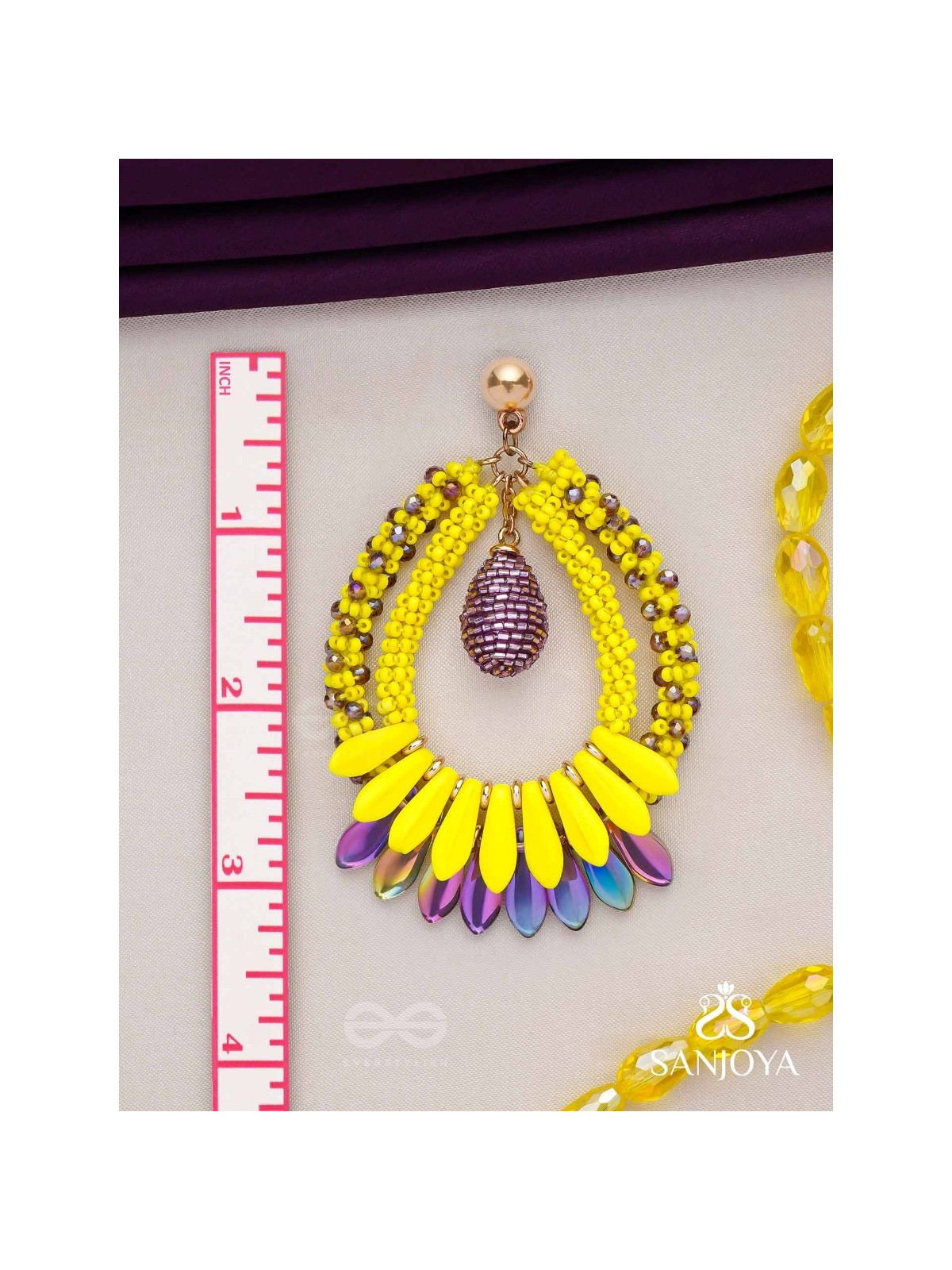 Atidah - Blazing Fierce - Beads And Cutdana Hand Embroidered Earrings (Yellow & Purple)