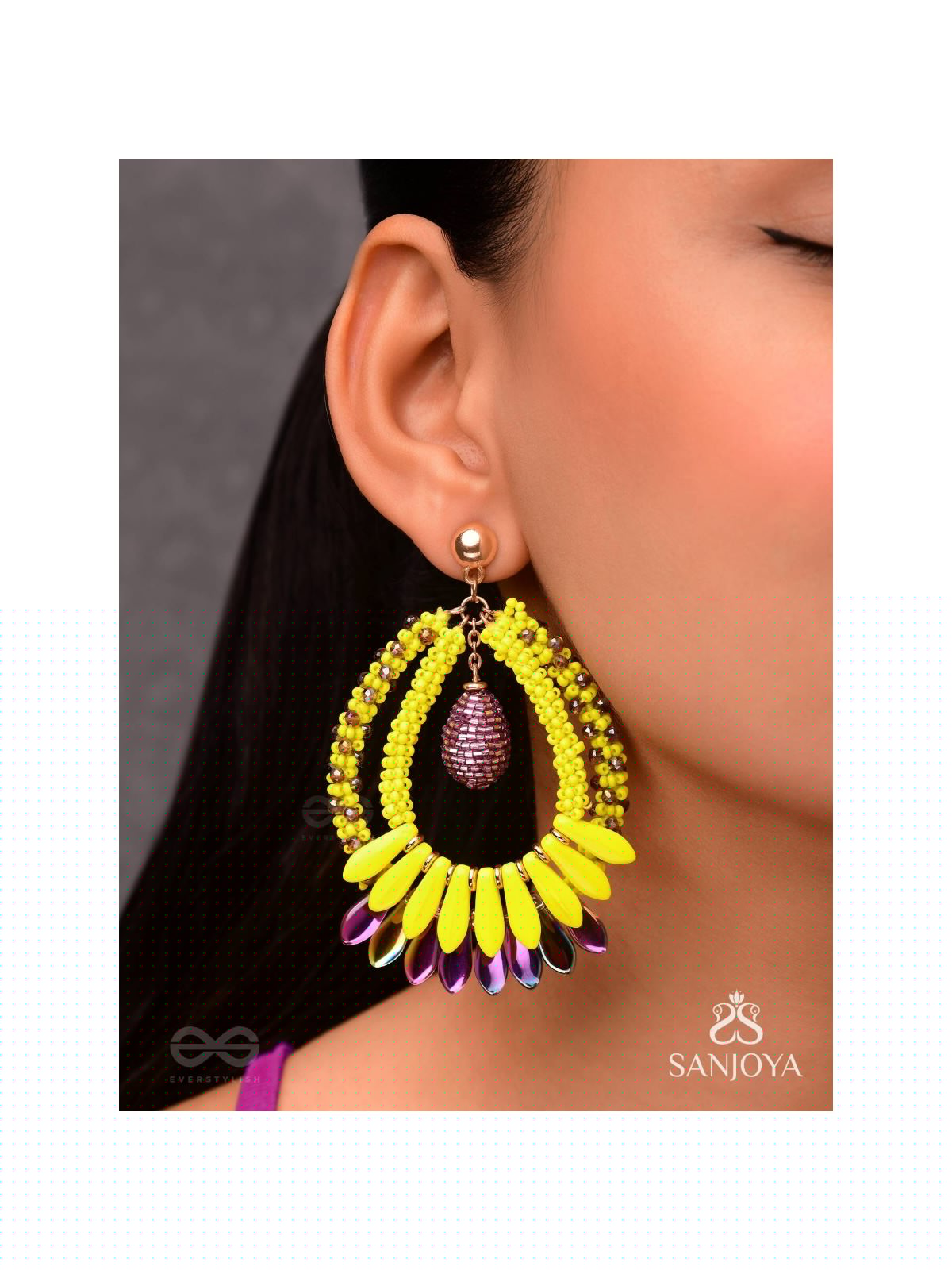 Atidah - Blazing Fierce - Beads And Cutdana Hand Embroidered Earrings (Yellow & Purple)