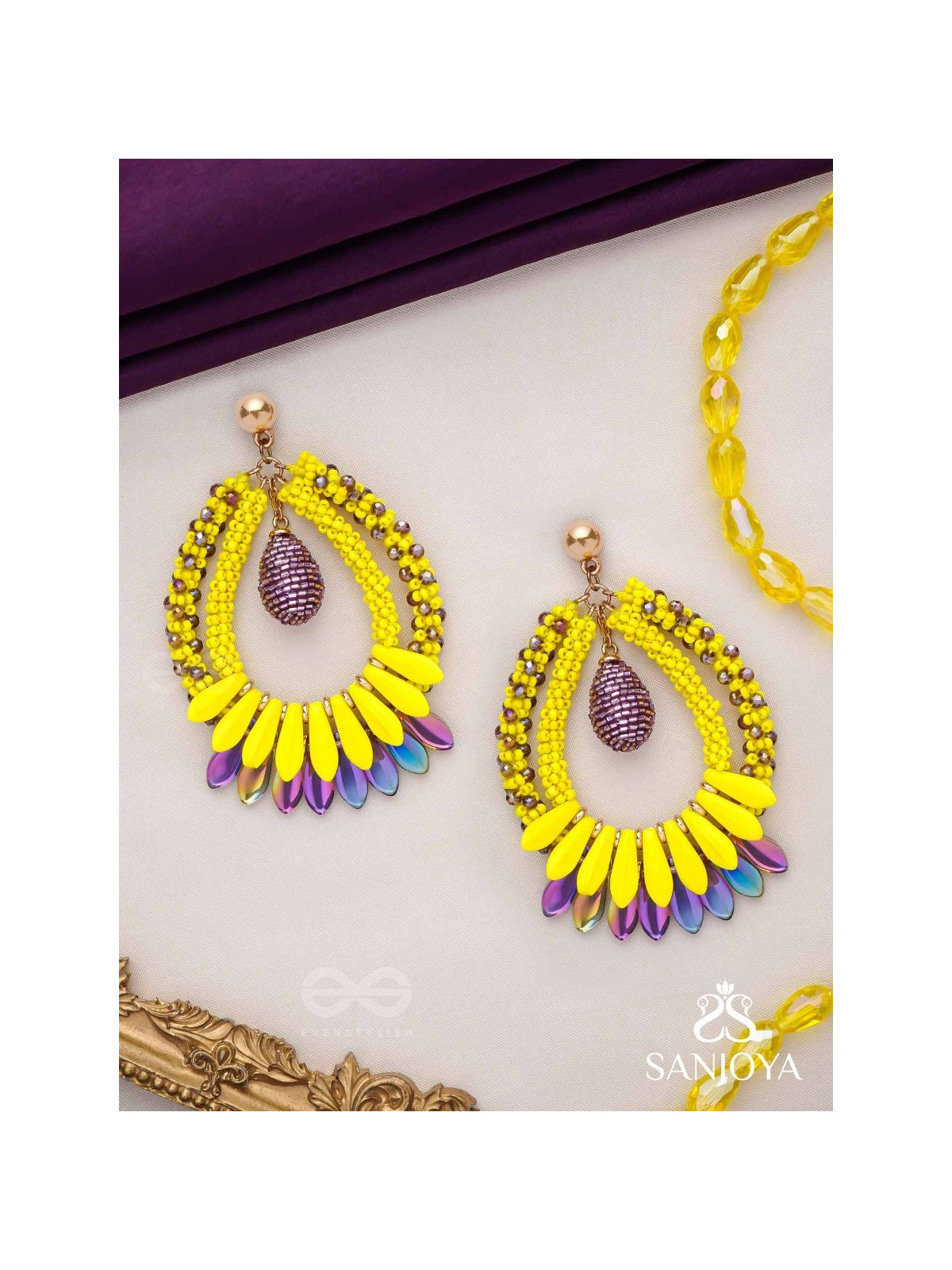 Atidah - Blazing Fierce - Beads And Cutdana Hand Embroidered Earrings (Yellow & Purple)