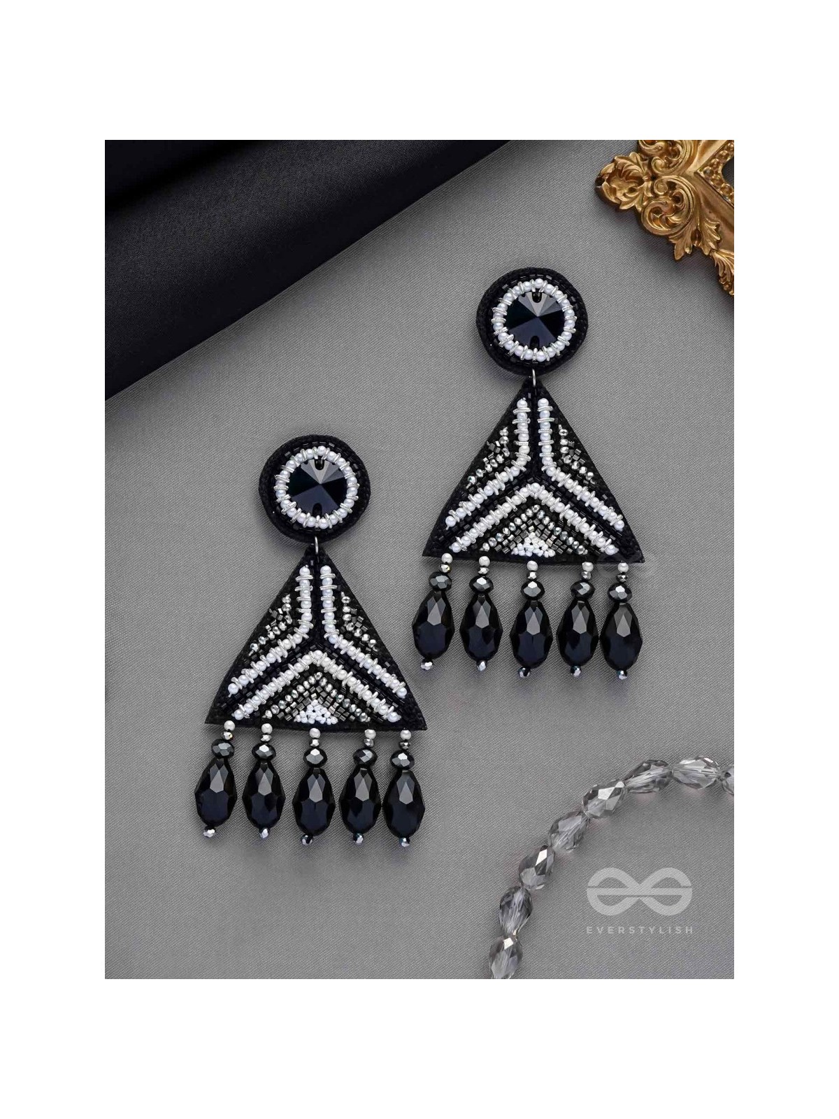 Shwetaka - The Gleaming Night - Stone, Beads And Glass Drops Hand Embroidered Earrings (Black & White)