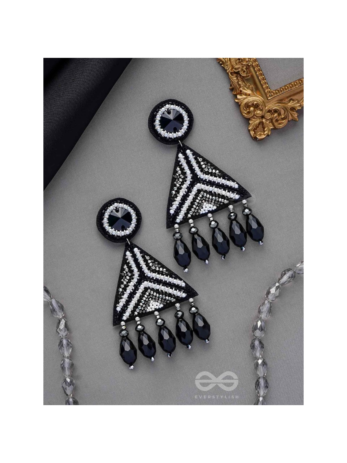 Shwetaka - The Gleaming Night - Stone, Beads And Glass Drops Hand Embroidered Earrings (Black & White)