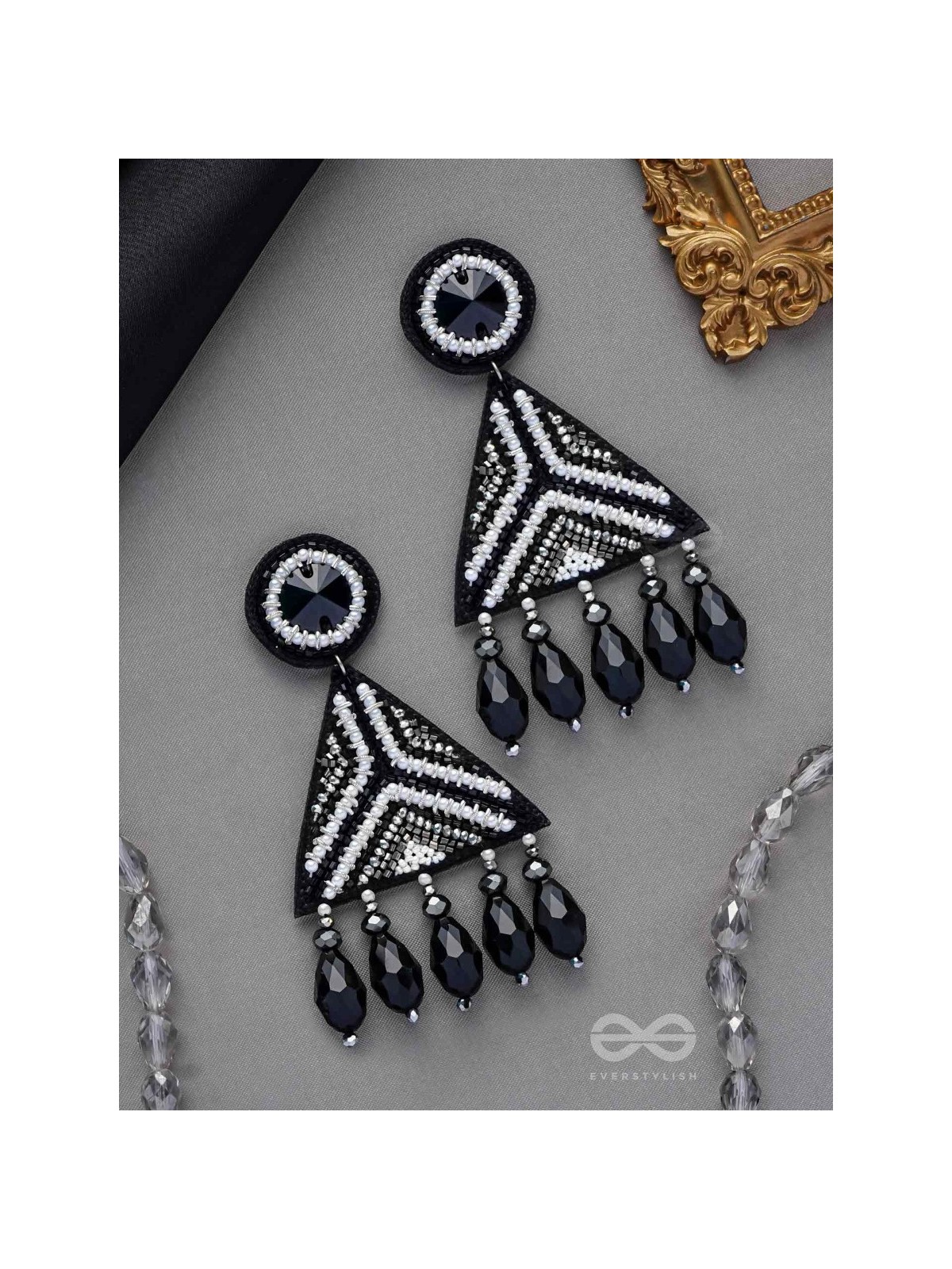 Shwetaka - The Gleaming Night - Stone, Beads And Glass Drops Hand Embroidered Earrings (Black & White)