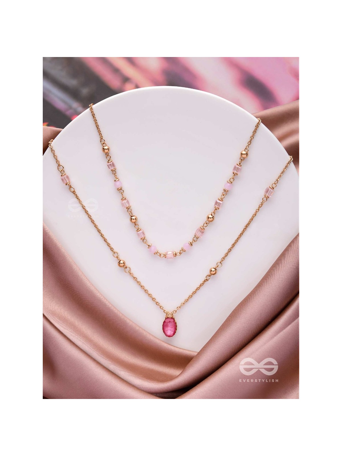 Charming Crystal Cascade - Cute Multilayered Neckpiece (Pink) With Anti-Tarnish Coating 