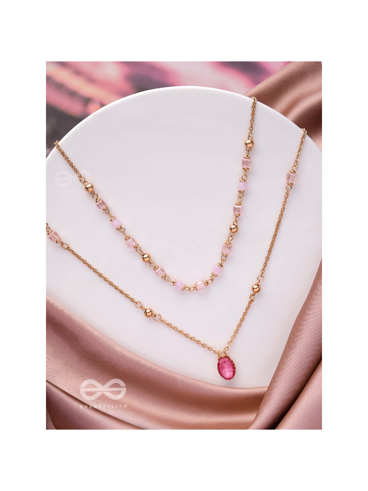 Charming Crystal Cascade - Cute Multilayered Neckpiece (Pink) With Anti-Tarnish Coating 