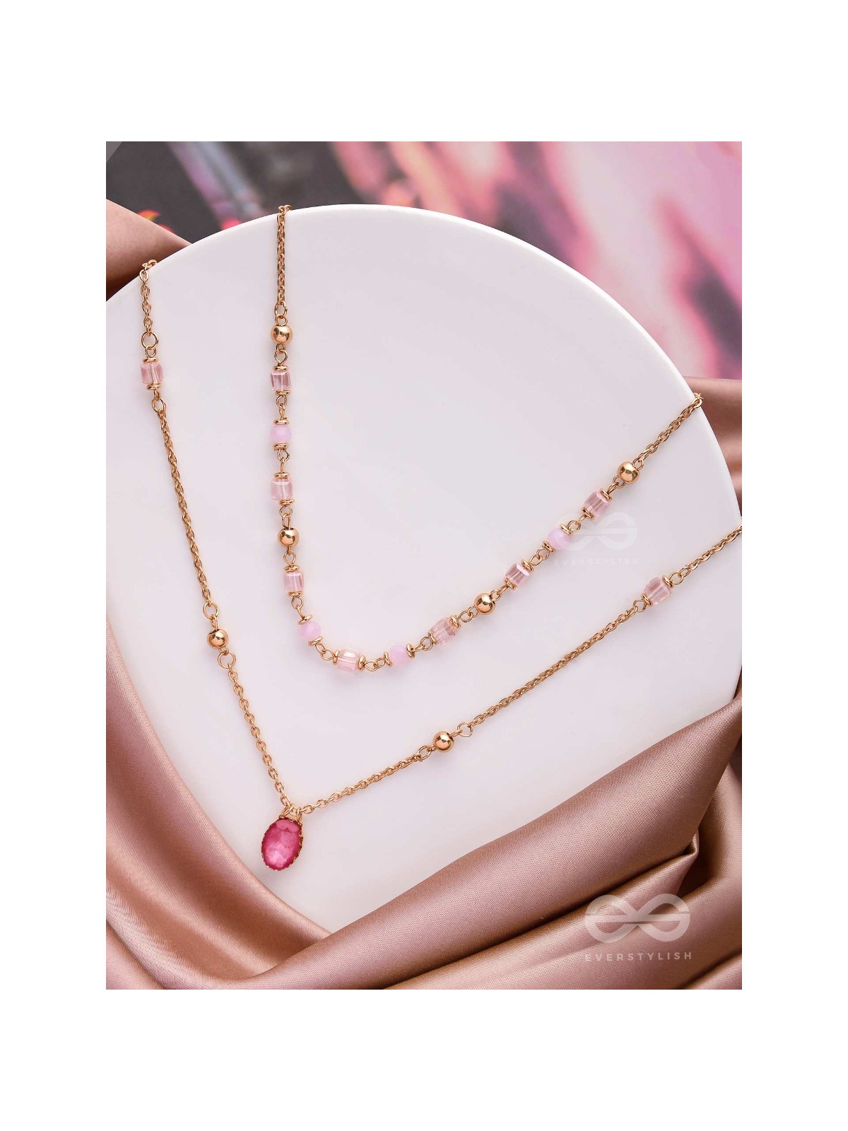 Charming Crystal Cascade - Cute Multilayered Neckpiece (Pink) With Anti-Tarnish Coating 