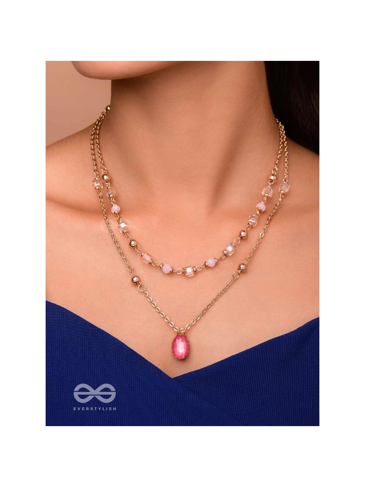 Charming Crystal Cascade - Cute Multilayered Neckpiece (Pink) With Anti-Tarnish Coating 