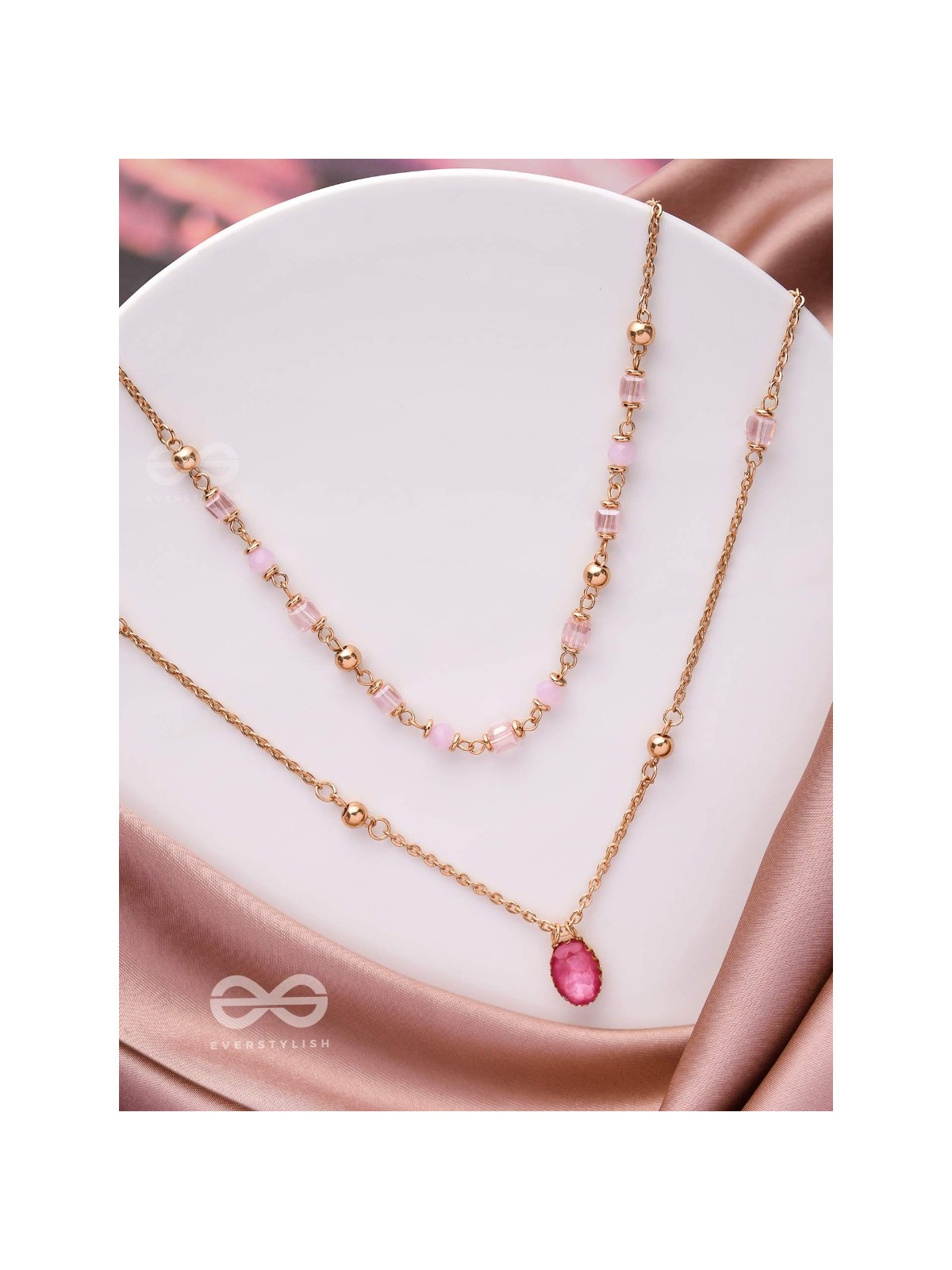 Charming Crystal Cascade - Cute Multilayered Neckpiece (Pink) With Anti-Tarnish Coating 