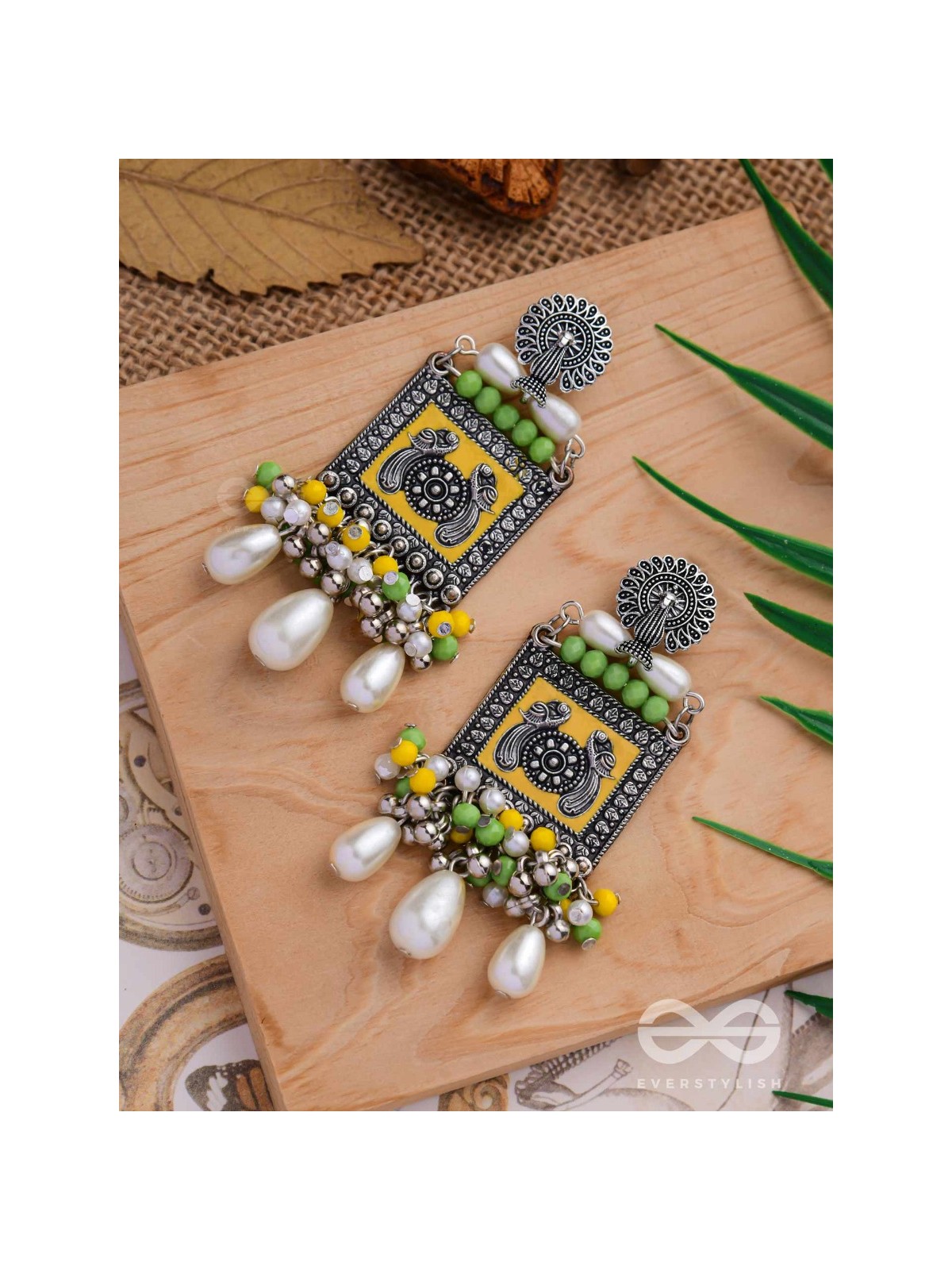 THE CHARTREUSE PEARL - EMBELLISHED OXIDISED EARRINGS