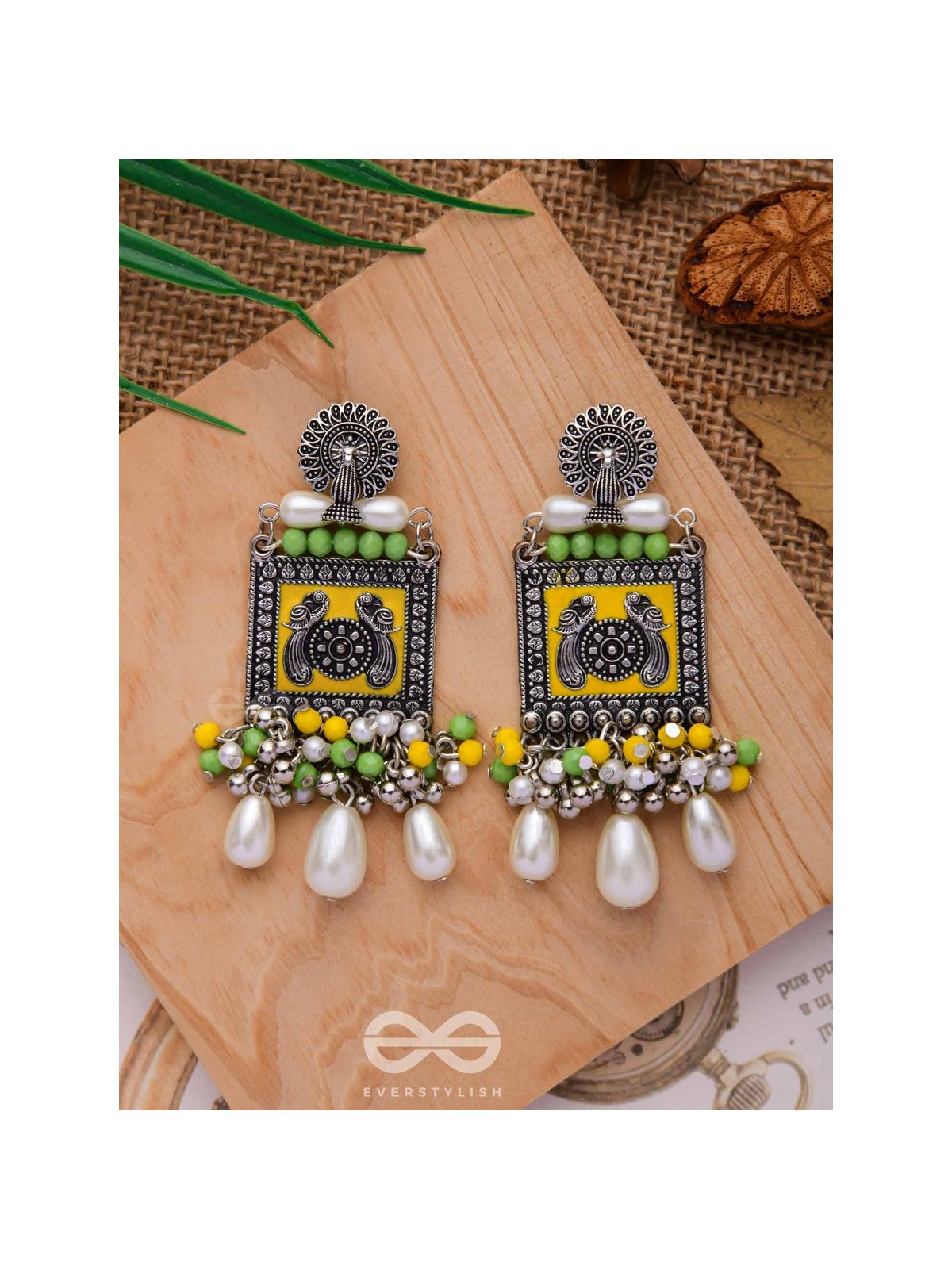 THE CHARTREUSE PEARL - EMBELLISHED OXIDISED EARRINGS
