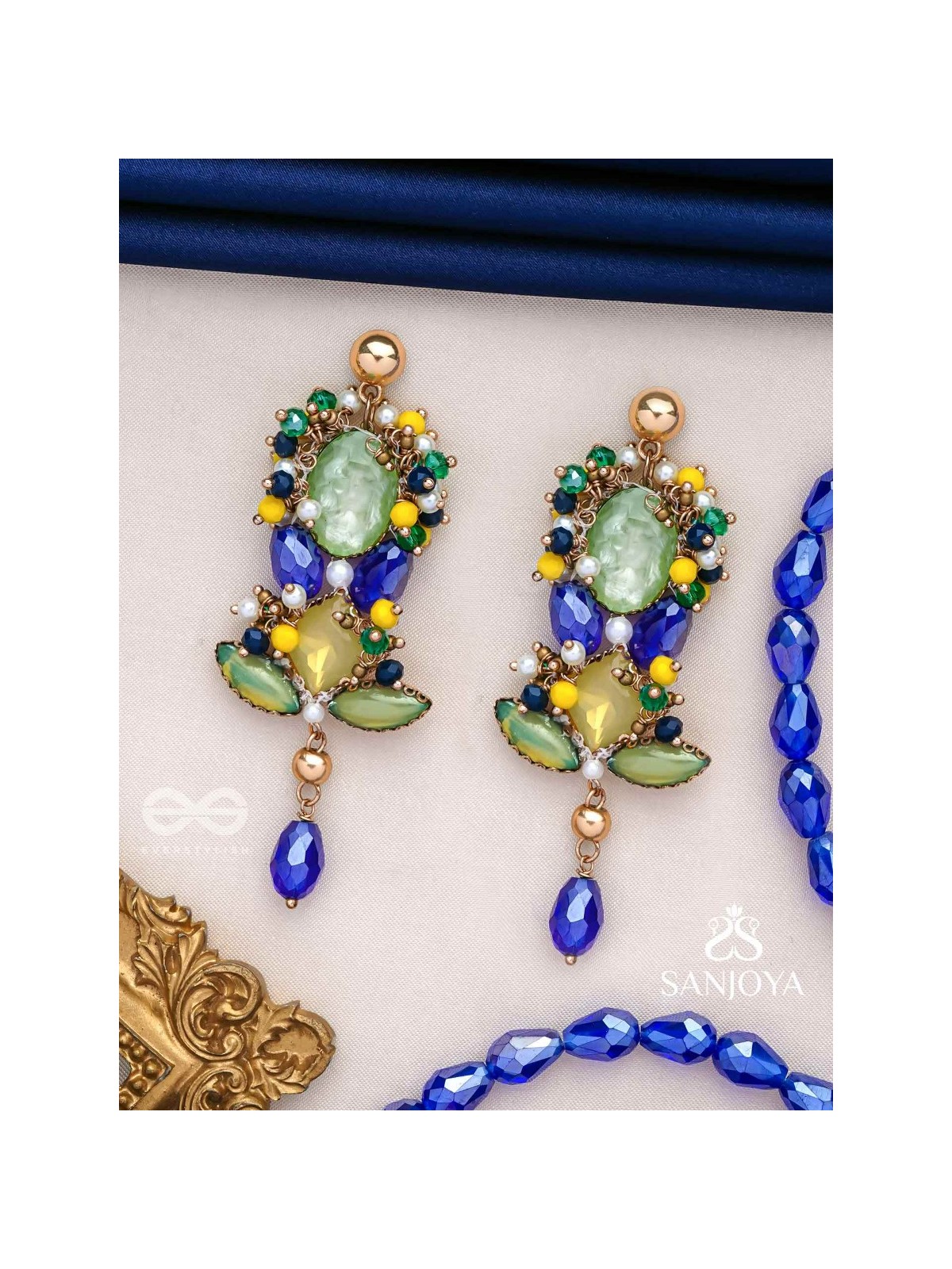 Srotah - The Castle Waves - Stones, Beads And Glass Drops Hand Embroidered Earrings