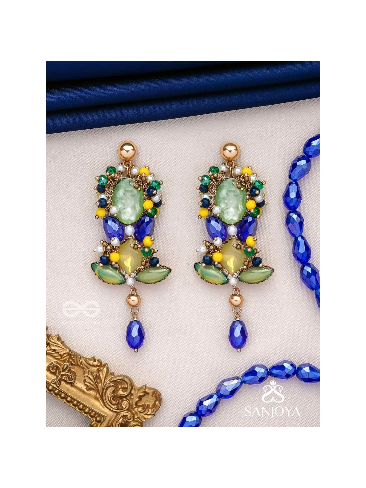 Srotah - The Castle Waves - Stones, Beads And Glass Drops Hand Embroidered Earrings