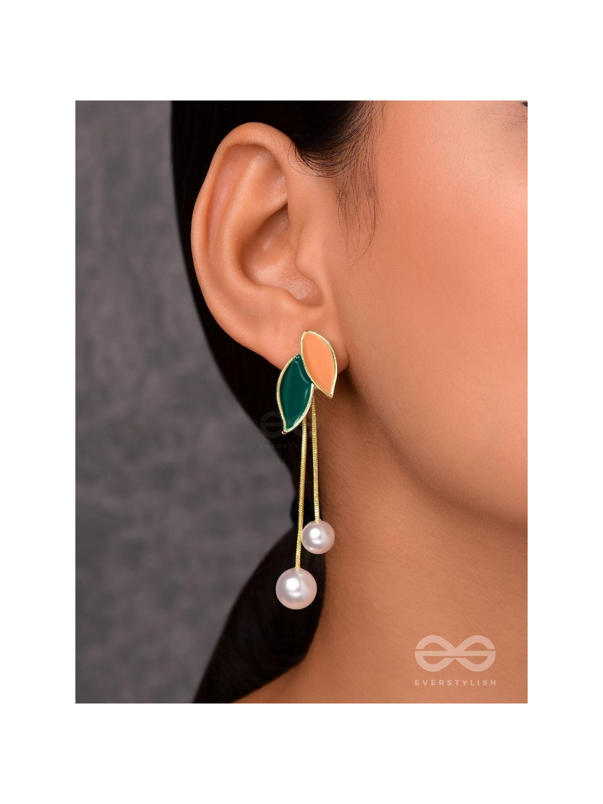 ALWAYS AN ANGEL - PEARL & ENAMELLED EAR JACKETS (GOLD AND GREEN)