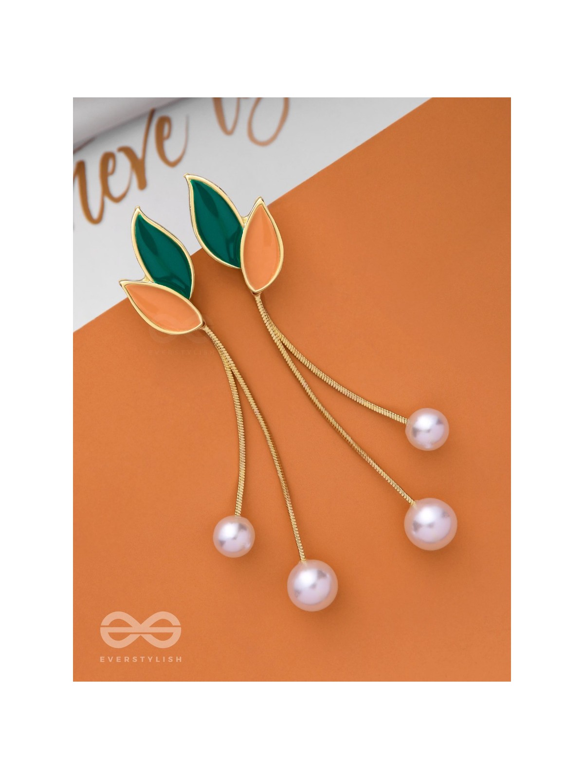 ALWAYS AN ANGEL - PEARL & ENAMELLED EAR JACKETS (GOLD AND GREEN)