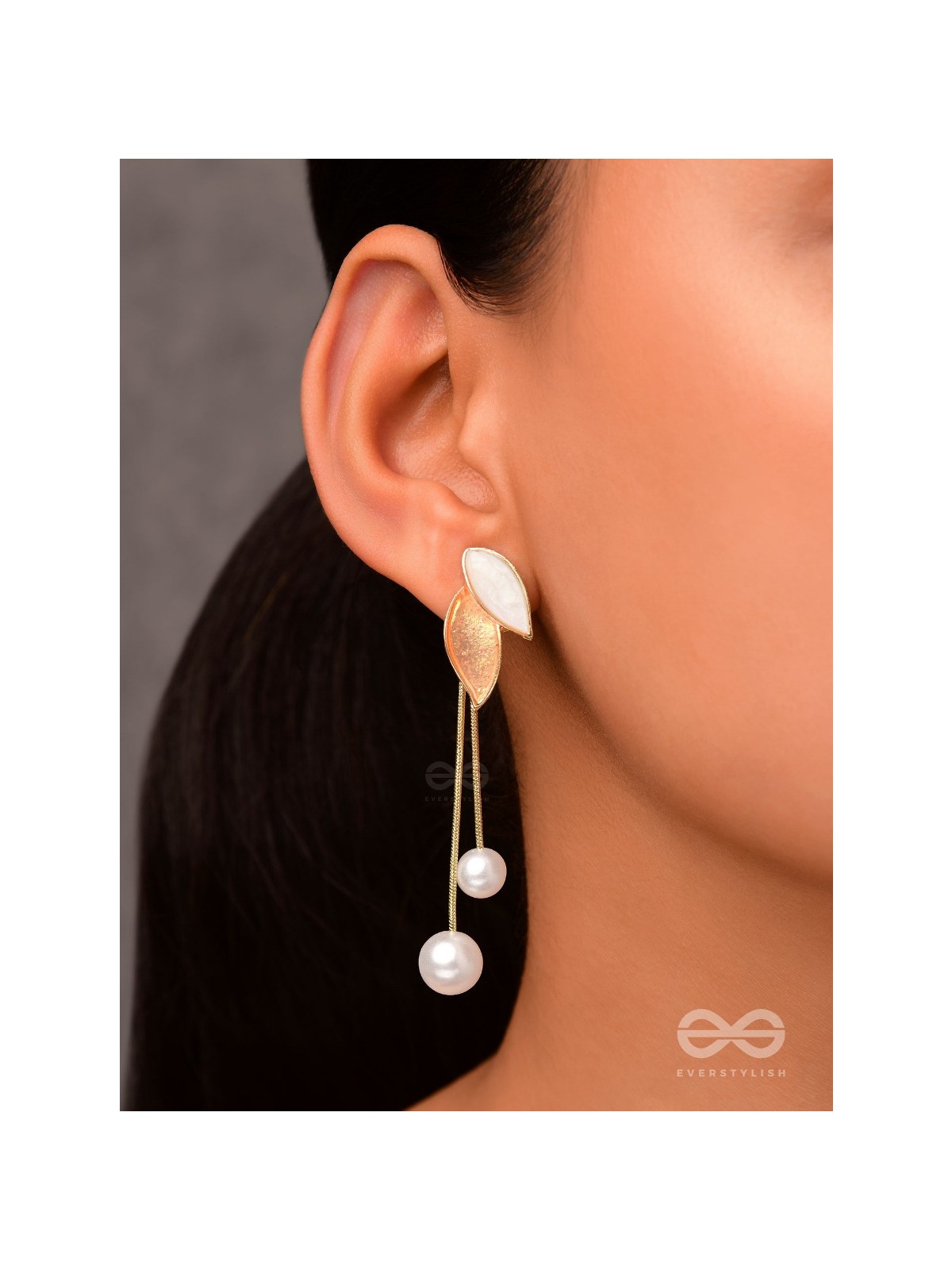 ALWAYS AN ANGEL - PEARL & ENAMELLED EAR JACKETS (GOLD & WHITE)