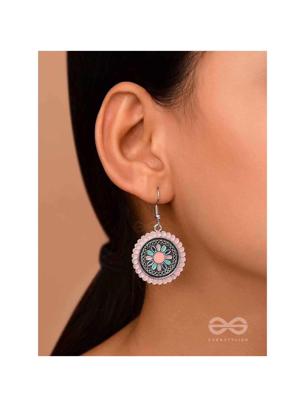 THE MANDALA EFFECT - EMBELLISHED OXIDISED EARRINGS (PINK)