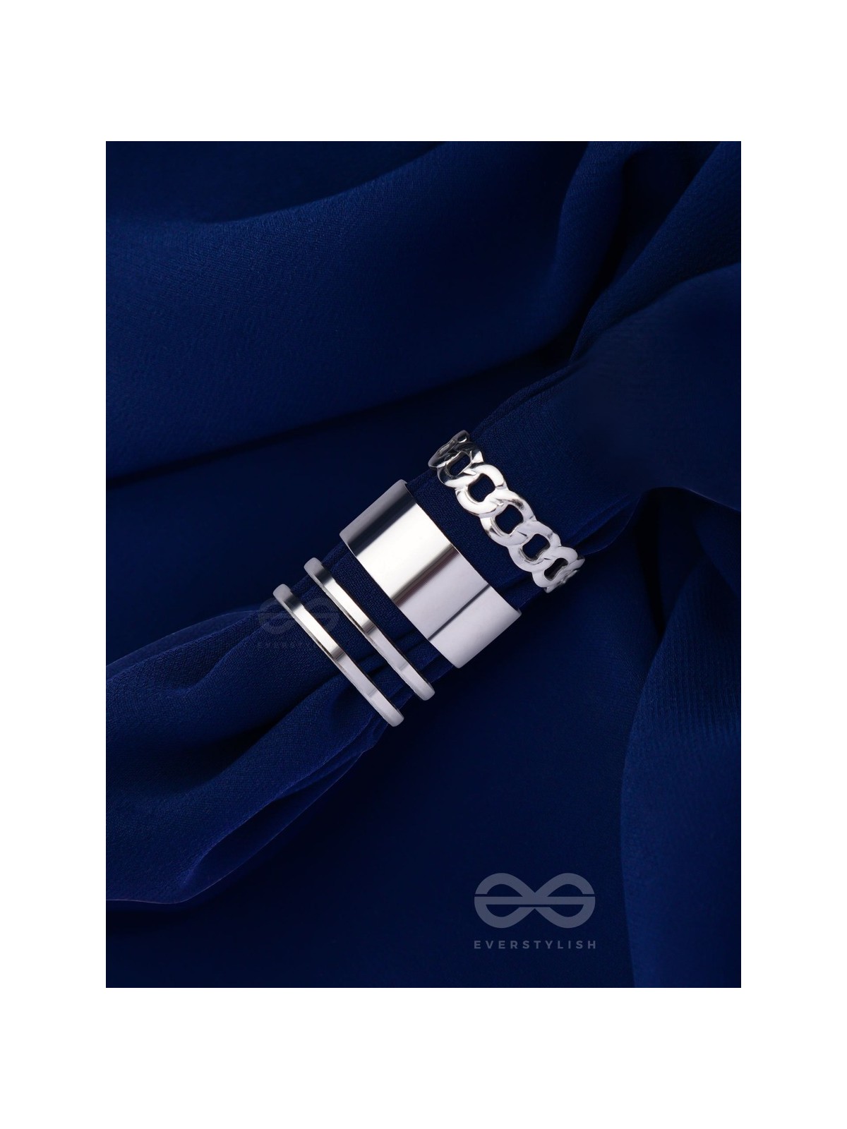 BANDS N CHAINS- SET OF 3 ADJUSTABLE SILVER RINGS