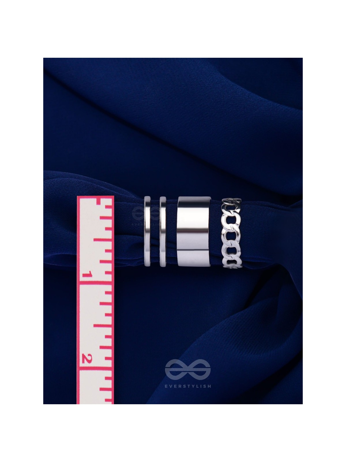 BANDS N CHAINS- SET OF 3 ADJUSTABLE SILVER RINGS