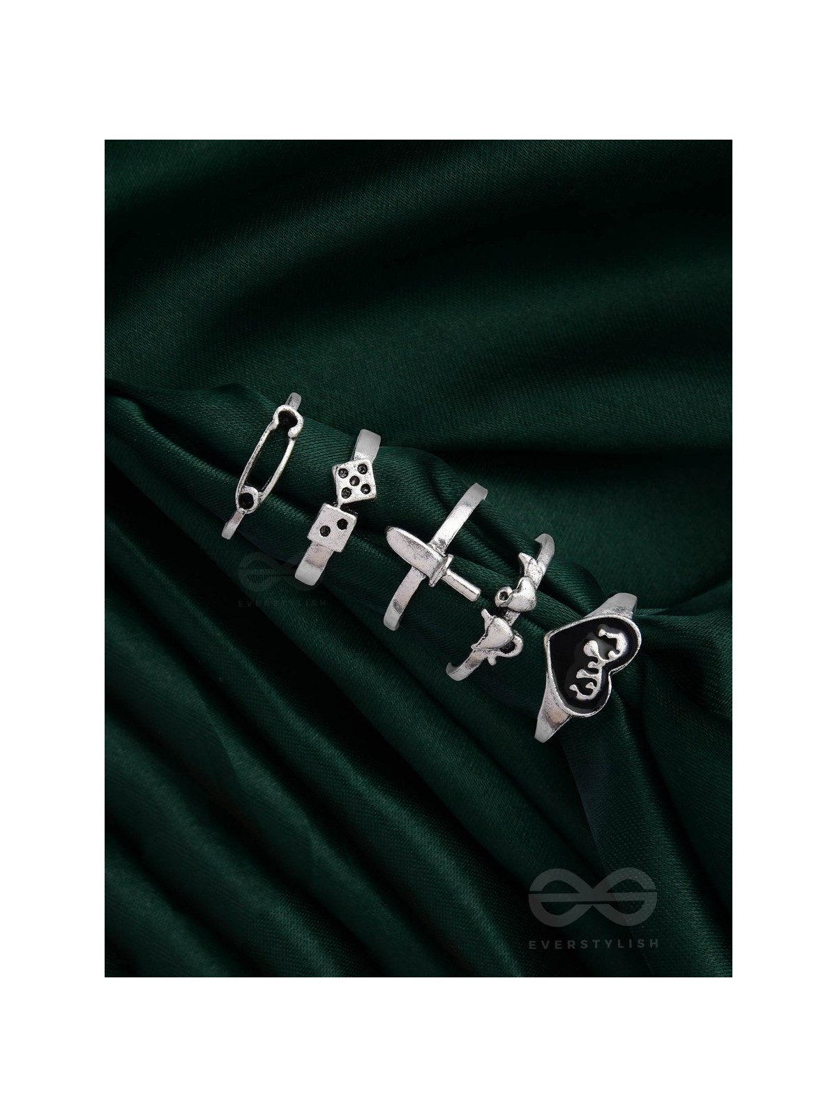 ALL ABOUT LOVE AND WAR - SET OF 5 SILVER RINGS