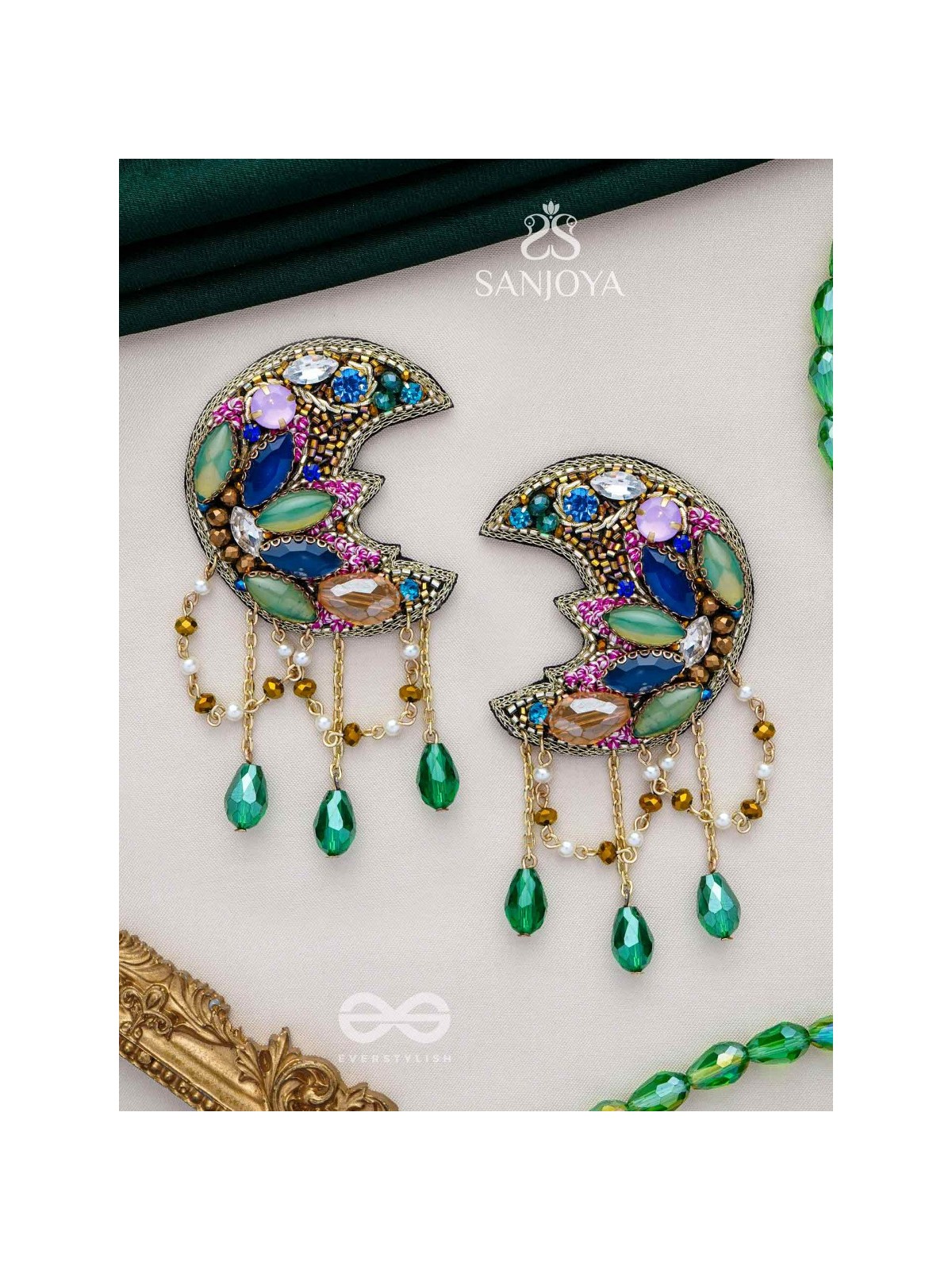 KIRANMAYI - THE MOON RAYS - CUT DANA, GLASS DROP AND STONE EMBROIDERED EARRINGS (MULTICOLOR)
