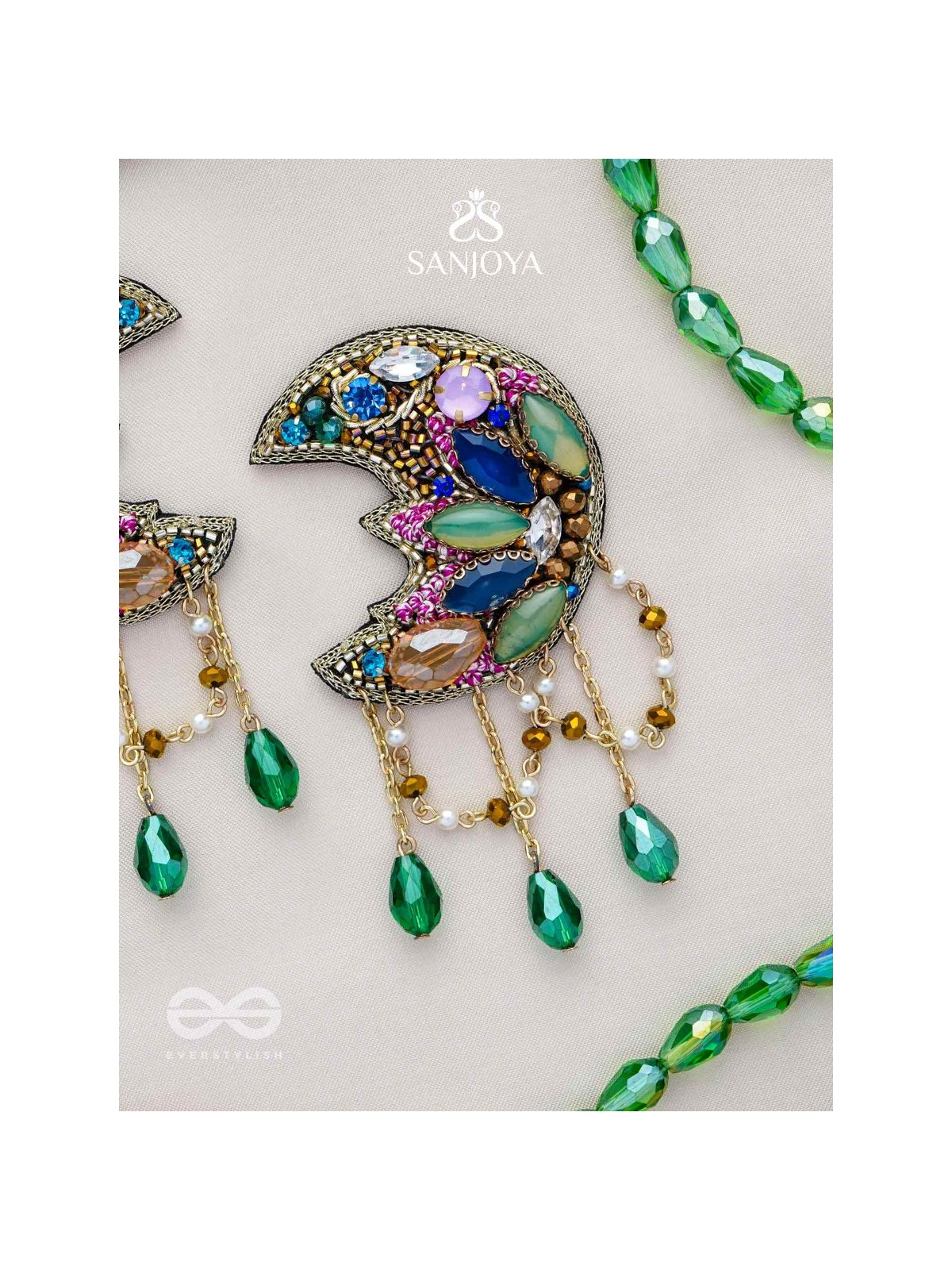 KIRANMAYI - THE MOON RAYS - CUT DANA, GLASS DROP AND STONE EMBROIDERED EARRINGS (MULTICOLOR)