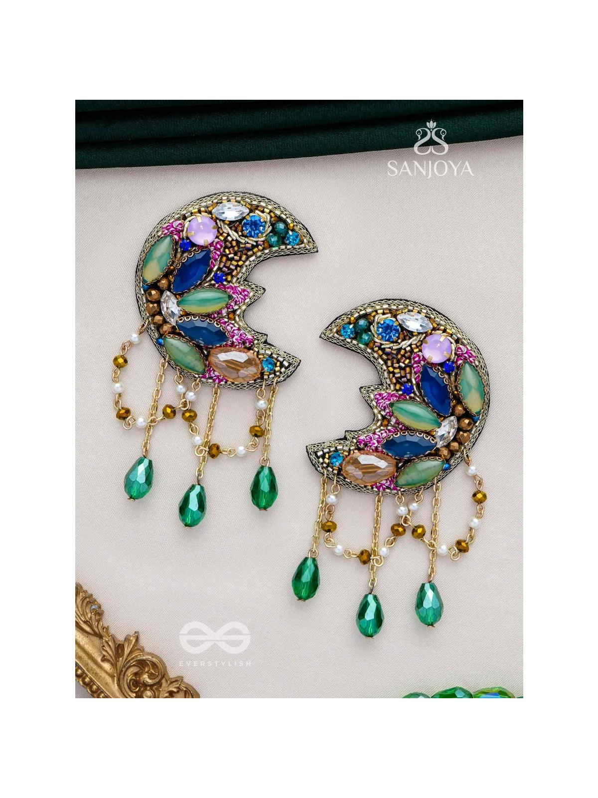 KIRANMAYI - THE MOON RAYS - CUT DANA, GLASS DROP AND STONE EMBROIDERED EARRINGS (MULTICOLOR)