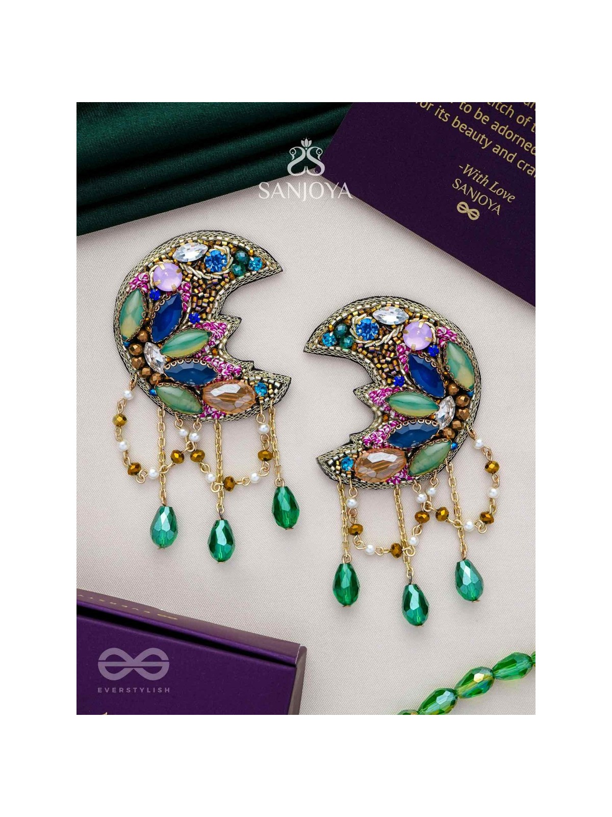 KIRANMAYI - THE MOON RAYS - CUT DANA, GLASS DROP AND STONE EMBROIDERED EARRINGS (MULTICOLOR)